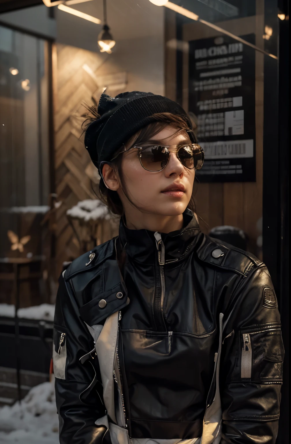hyper realistic lifelike texture dramatic lighting unreal engine trending on art station, award winning photo, nikon RAW photo,8 k, Fujifilm XT3,masterpiece, best quality, realistic, photorealistic, ultra detailed, extremely detailed face, solo,1girl, standing, fashionable and trendy atmosphere, a dreamy atmosphere, snowing, wearing beanie,