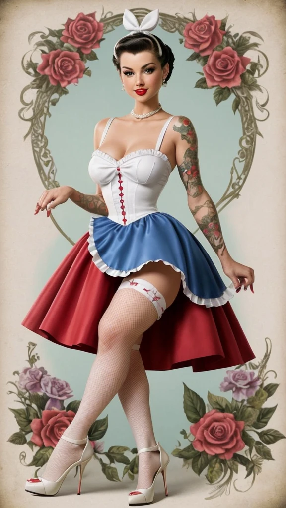 Detailed and lifelike depictions of Alice in Wonderland, radiating a distinct pin-up style. Very Sexy. Dressed in miniskirts, white high heel sandals, stockings, and heels, their attire reflects the iconic colors of their traditional outfits, ensuring they're instantly recognizable as their respective characters. While classic features are present, the pin-up flair is undeniable. Artful tattoos add a contemporary touch. Their postures and expressions, combined with their pin-up attire, create a fusion of classic Disney and vintage allure. White photo studio background, hot shoot.