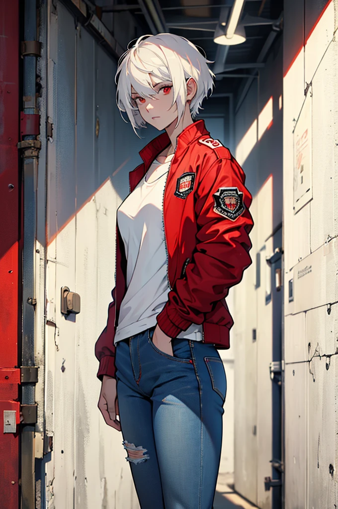 ((Best quality)), ((masterpiece)), top quality), standing alone, White hair, red eyes, short hair, red bomber jacket, blue jeans, white T-shirt, pale, bandaged hands, Woman