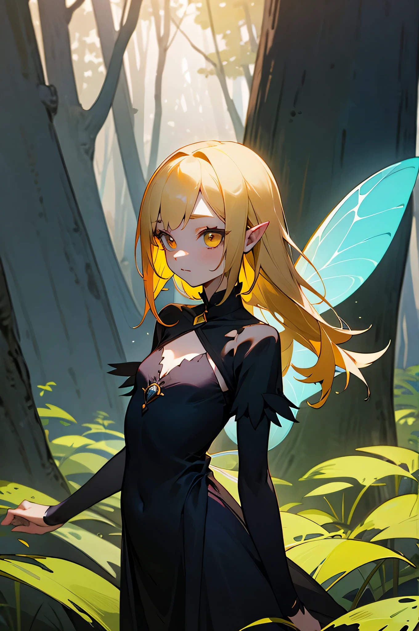 1 girl, dark yellow hair, in IKZW, goblin, small, small size, goblin wings, forest, torso up, Goth Dress