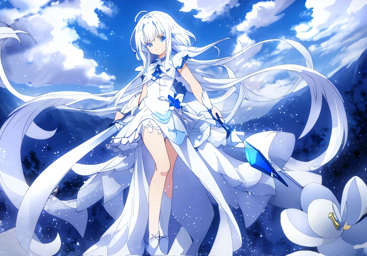blue eyes，white hair，white top，Dark blue skirt，gem，flor branca，Staff，magic，dress