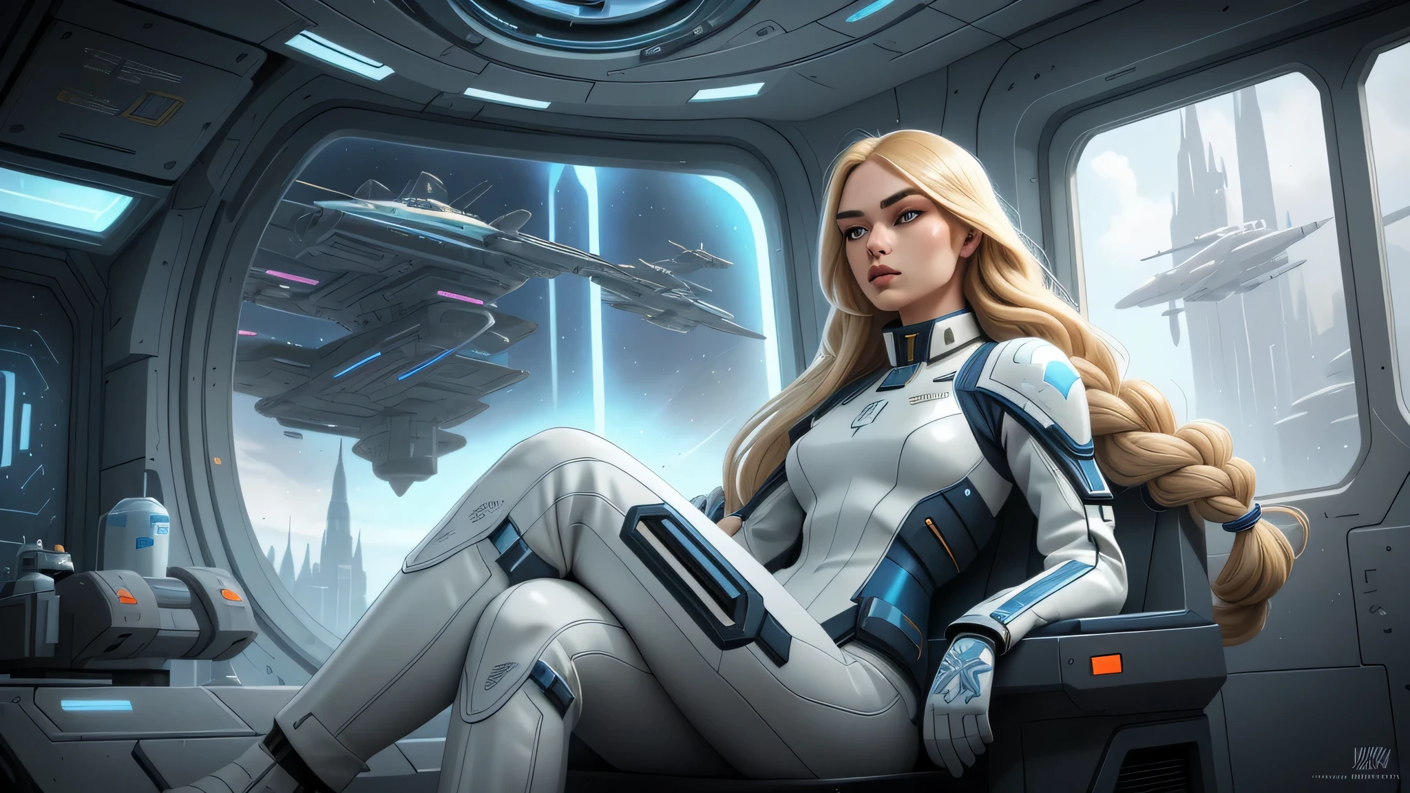 the most beautiful 21 yo Russian woman with long blond braided hair sitting in the futuristic spaceship in 2170 wearing a chrome and blue battle worn Space Force military suit a variety of small details in the background, random, hyper detailed, trending on artstation, intricate details, highly detailed, highly detailed, digital painting, perfect result, HDR, very clear image, evocative, striking, Fluorescent light, Side angle perspective, perfect face, polished, glorious, astonishing, fabulous, captivating, pretty, mesmeric, elegant, magnificent, sublime, luscious, dreamy, Mysterious