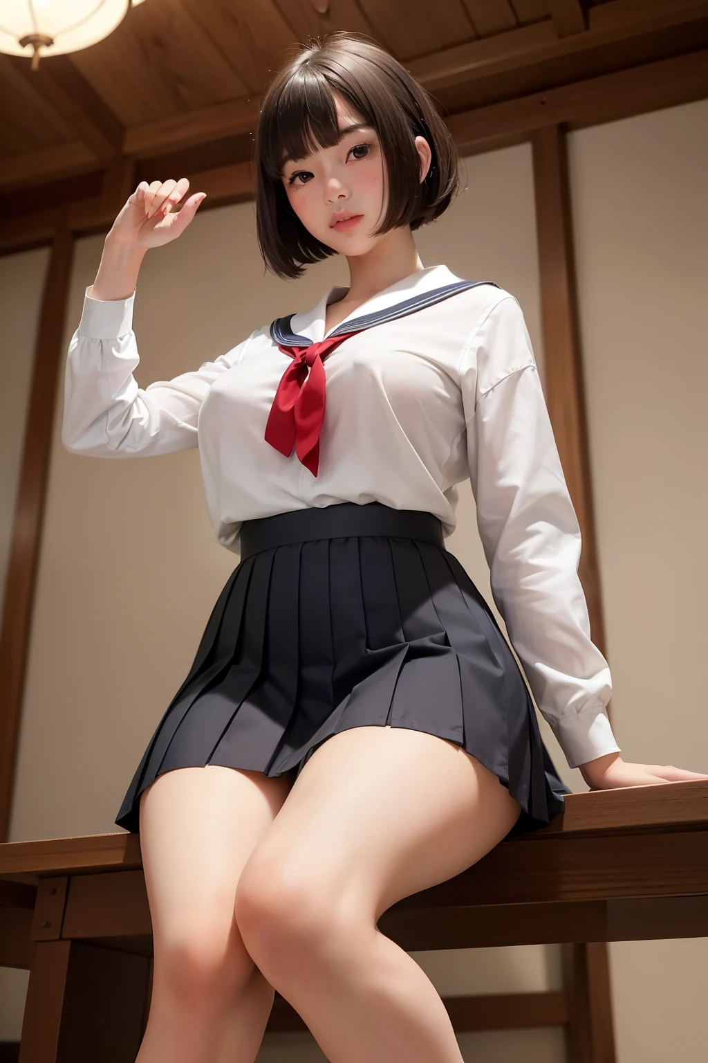 (masterpiece, best quality, ultra-detailed, 8k, wallpaper, photorealistic), (1girl, Japanese student:1.5), (medium shot, from below:1.4), voluptuous body, nice hands, perfect anatomy, (bursting breasts:1.3), long round legs, round ass, alluring girl, (wears a crisp white blouse, a canvas for camaraderie, often adorned with a sailor-style collar:1.2), (wears knee-length and pleated, the school skirt), (classic bob cut with straight-across bangs)