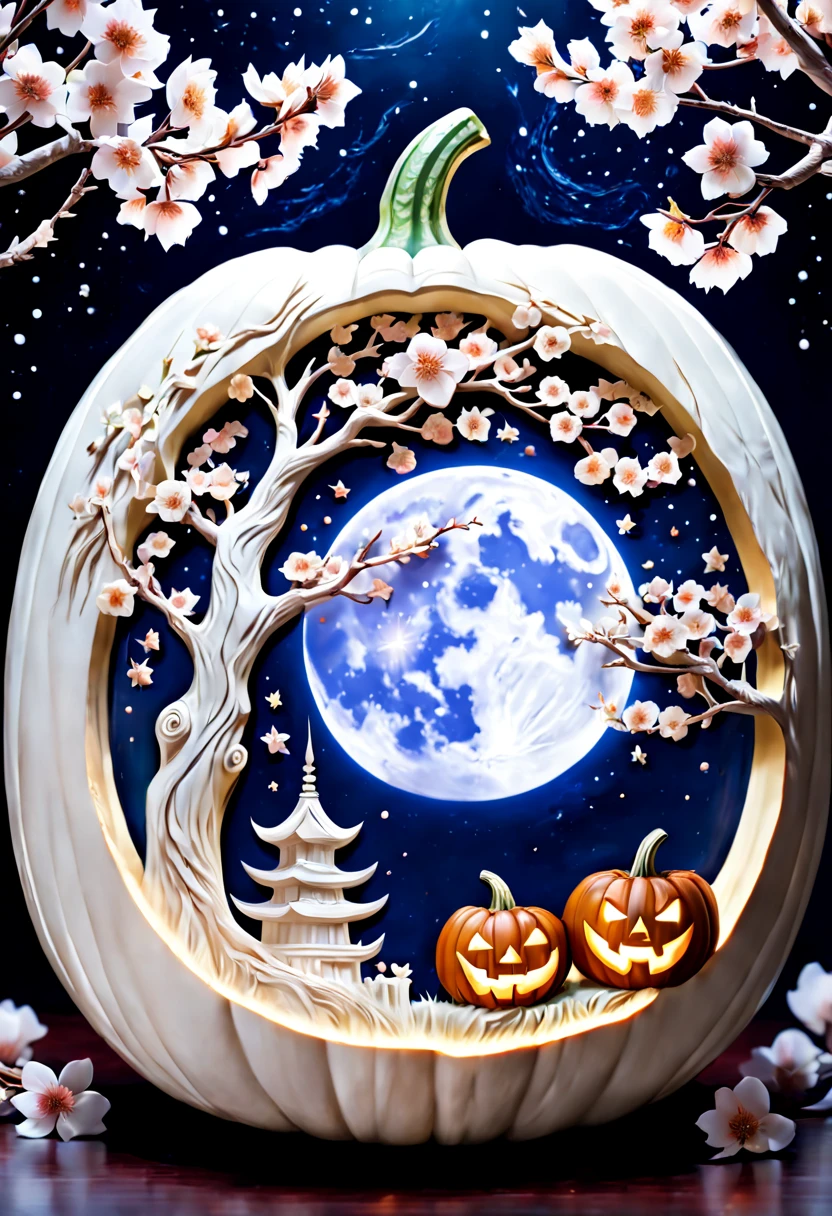 Intricately carved white pumpkin of cherry blossom trees, Jack-o'-Lantern in the moonlight, large moon in the starry night sky. Photography taken by canon eos r5, intricate, highly detailed, fantasy, perfect white balance, action shot, glow, sunlight, uhd edge lighting, prime photography, crisp and smooth line quality, intricate and cinematic details, vibrant nature, warm colors, Artstation, Pinterest