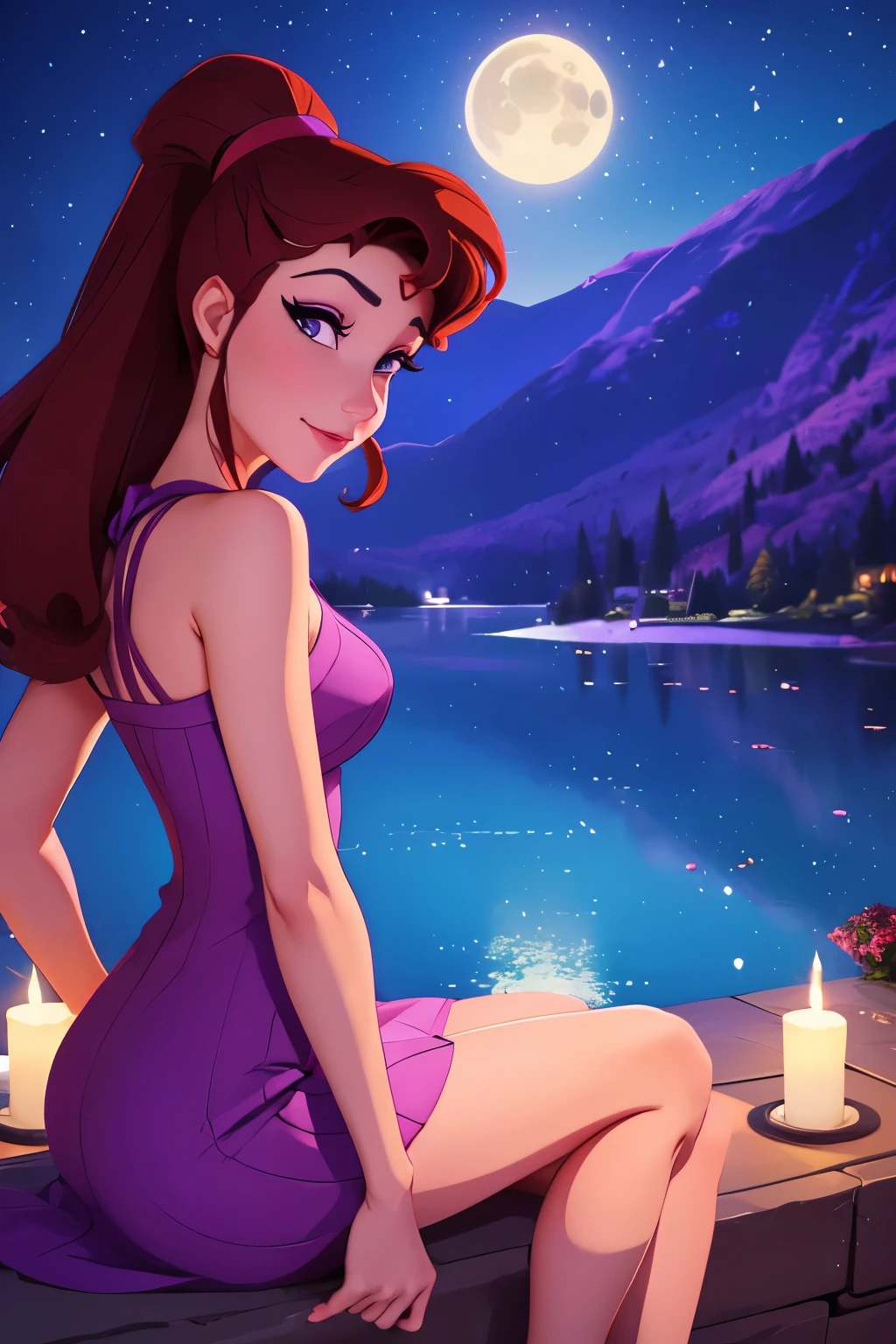 1 girl brunette Megara, wearing long purple greek dress, disney animation style, 2D, best quality, digital art, in greek mount olympus, sitting by the lake at night, wondering expression, contemplative mind