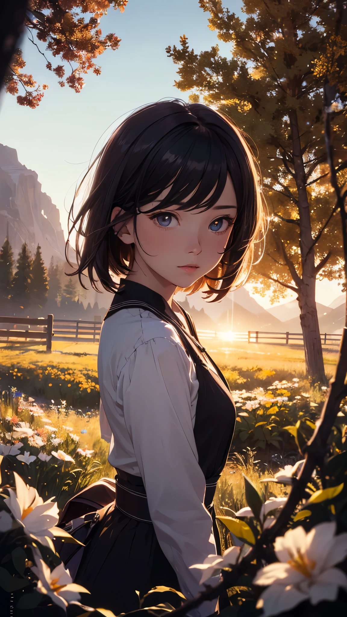 girl, , side shot, (sky:1.3), (masterpiece, best quality, perspective, depth of field:1.5), flowers, rocky mountain, woods, beautiful face, 8k, raw photo, absurdres, impressionism, (Tom Thomson, Claude Monet, Joaquín Sorolla, James Wilson Morrice, John Fabian Carlson, Hugh Henry Breckenridge:0.8), HDR, photorealistic, film grain, chromatic aberration, highres, ultra detailed, finely detail, dynamic lighting, dramatic lighting, shadow, sharp focus, extremely detailed eyes and face, sharp pupils, realistic pupils