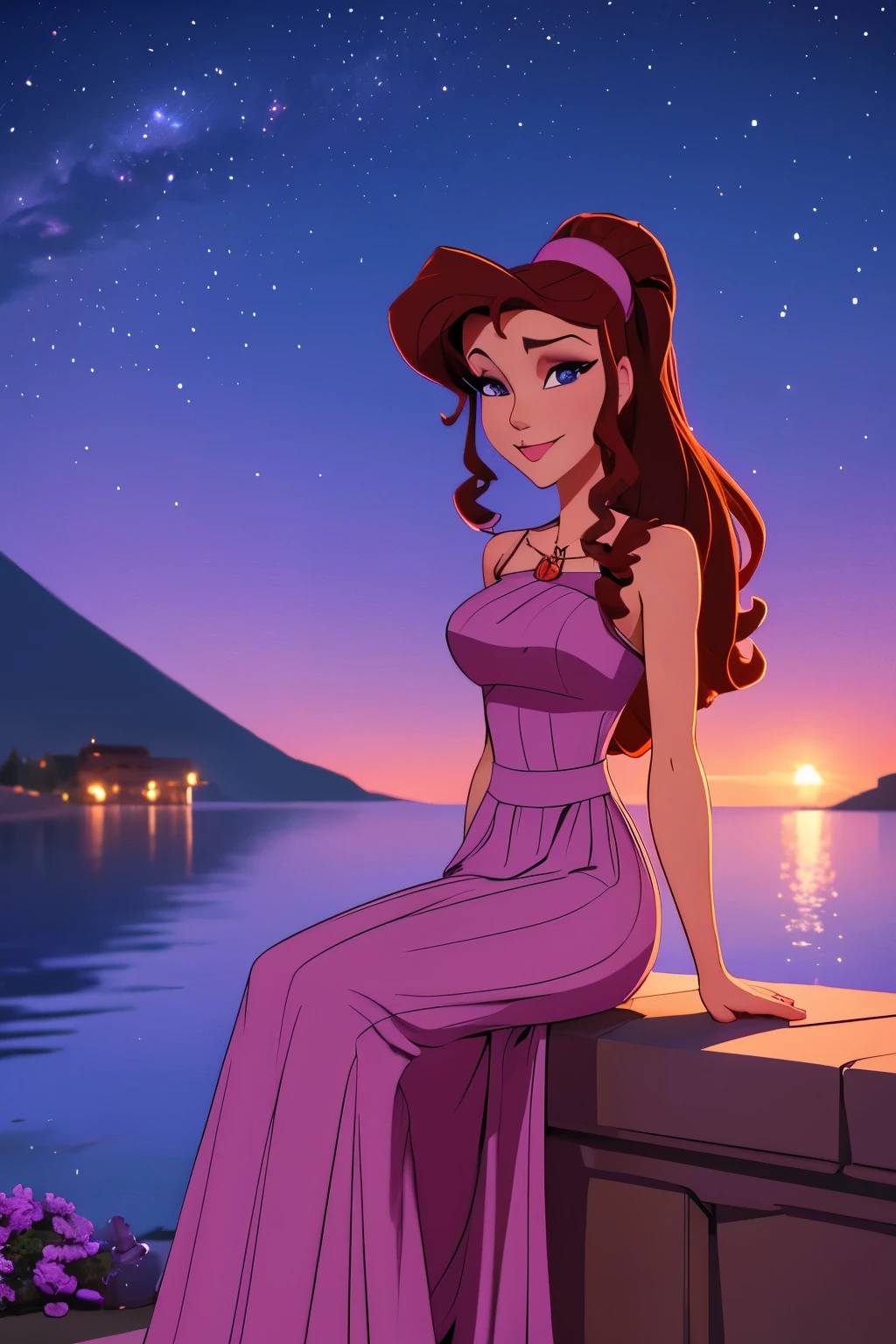 1 girl brunette Megara, wearing long purple greek dress, disney animation style, 2D, best quality, digital art, in greek mount olympus, sitting by the lake at night, wondering expression, contemplative mind