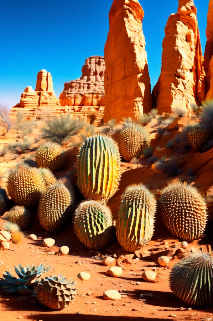 a wild desert canyon,ripe,detailed,durable,distinctive-looking durian fruits in abundance,rich textured sandstone formations,prickly cacti,harsh sunlight casting dramatic shadows,(best quality,4k,8k,highres,masterpiece:1.2)ultra-detailed,realistic,landscape,blazing hot color tones,sun-kissed golden hues,subtle yet defined lighting effects