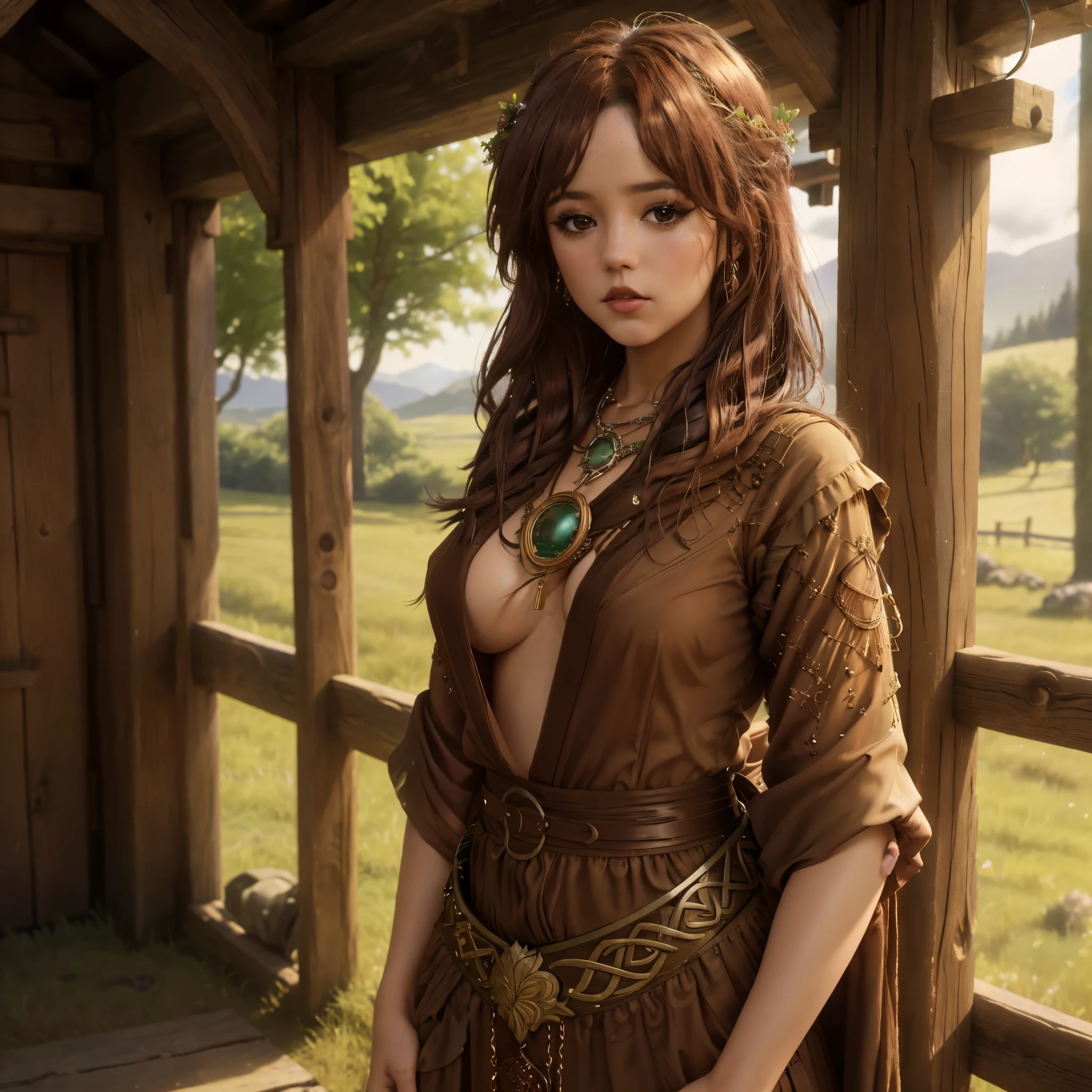 (best quality,4k,8k,highres,masterpiece:1.2),ultra-detailed, 1woman, Celtic goddess Epona, jennao, Chestnut brown hair, hazel eyes, druid gown, standing in a barnyard, motherly, posed gently, looking at viewer, seductive eyes, drawn in the style of Yoshitaka Amano, HDR, 8k, absurdres, cinestill 800, sharp focus