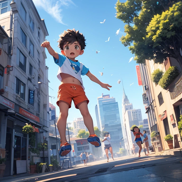 4k), small male child wearing orange shorts and a falling sweatshirt, is jumping from one building to another that covered with blue roses, y orar, Luz antiniebla, Impresionismo, 2d, (Espinas: 1.1), (dead tree: 1.1) Enfocado en los pies, Pies de cerca