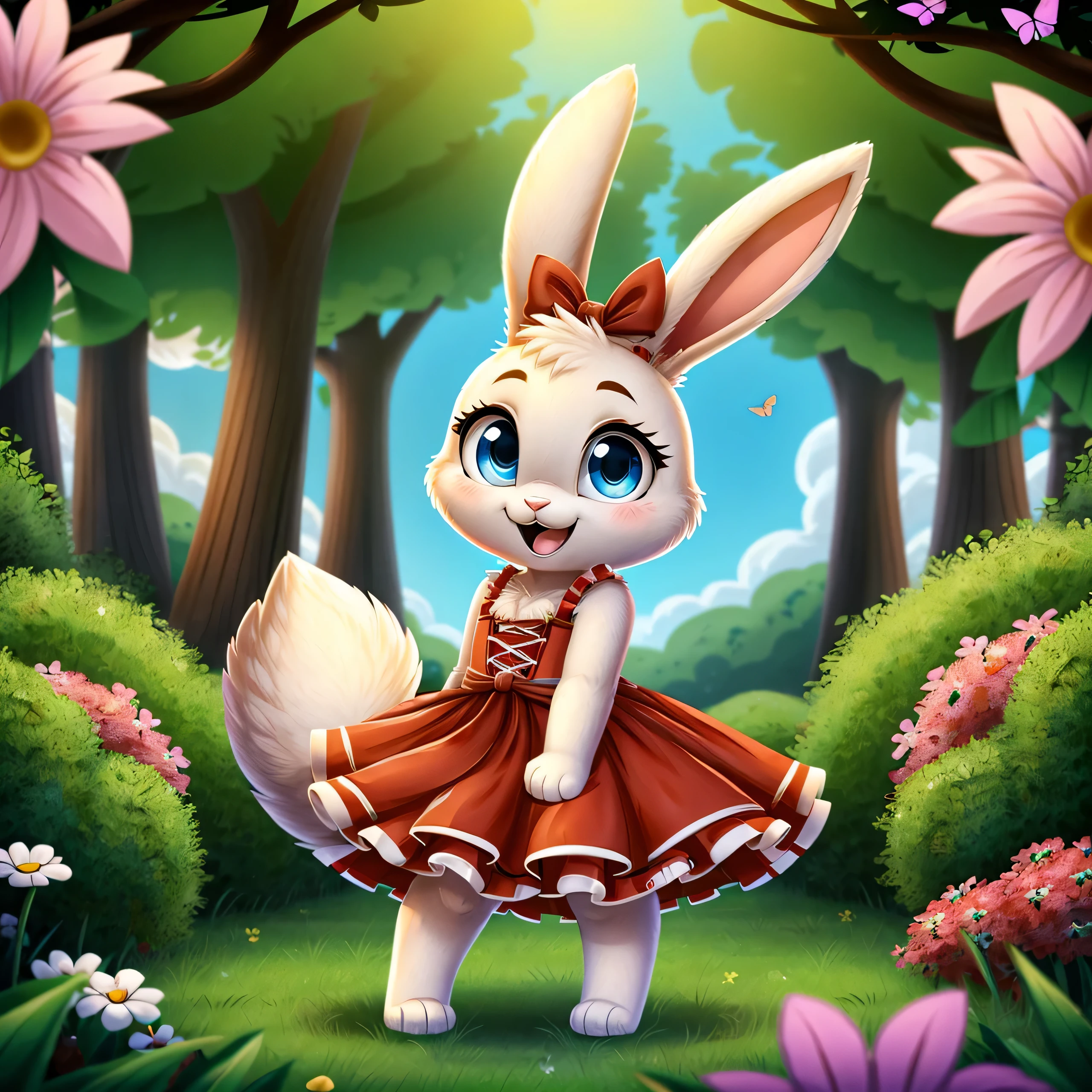 zoomed out image, cute style art, fantasy style art, cute, adorable, short character, small, tiny little fluffy female white bunny with blue eyes, 4 ears, 2 extra ears, big floppy ears, long ears, ears perked up, raised ears, long eyelashes, poofy rabbit tail, wearing a red frilly ribbon dress, smiling, standing in a colorful fantasy forest, soft tones, big expressive smile, open mouth, wide eyes, excited eyes, excited face, stunning visuals, sunlight coming through the trees, flowers scattered in the bushes, butterflies in the air, digital illustration