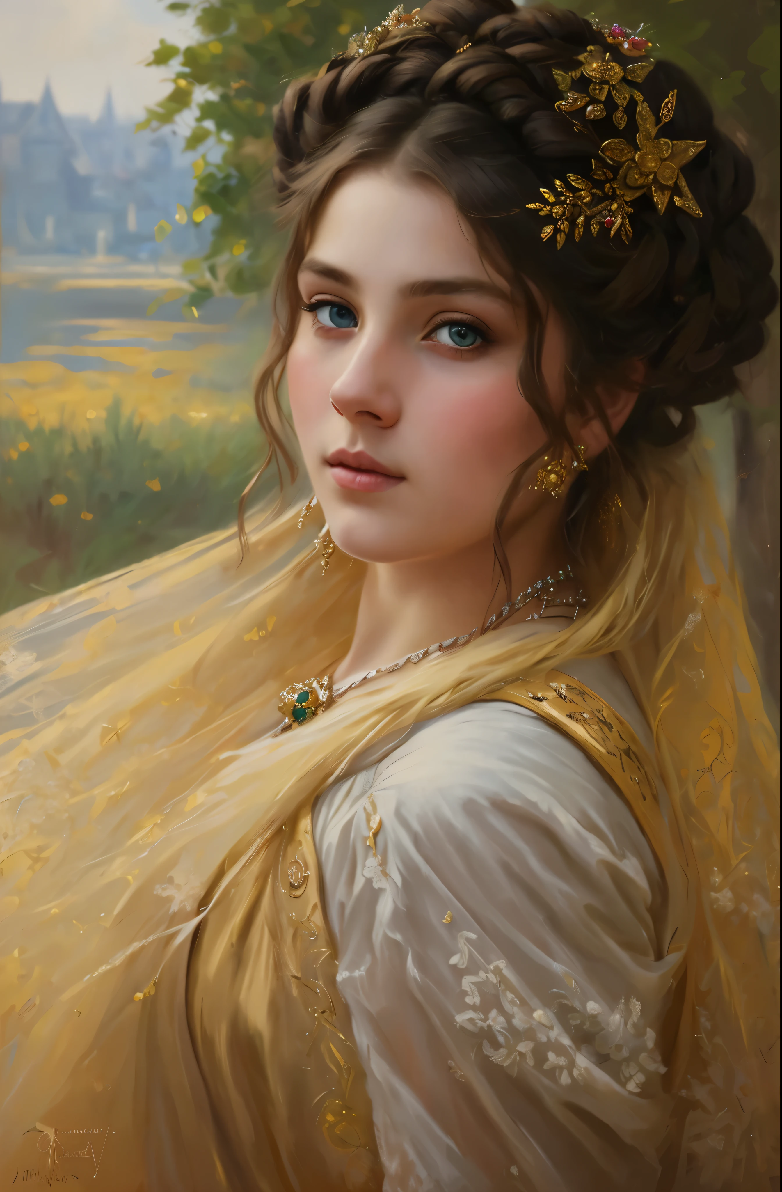 portrait, girl, middle ages, classicism, andrey atroshenko style, painting, pierced eyes, beautifully styled hair, traditional media, realistic, figurative, fine art, oil on canvas, HDR, 8K, original character, high resolution, high detail, focus on the face, beautiful eyes