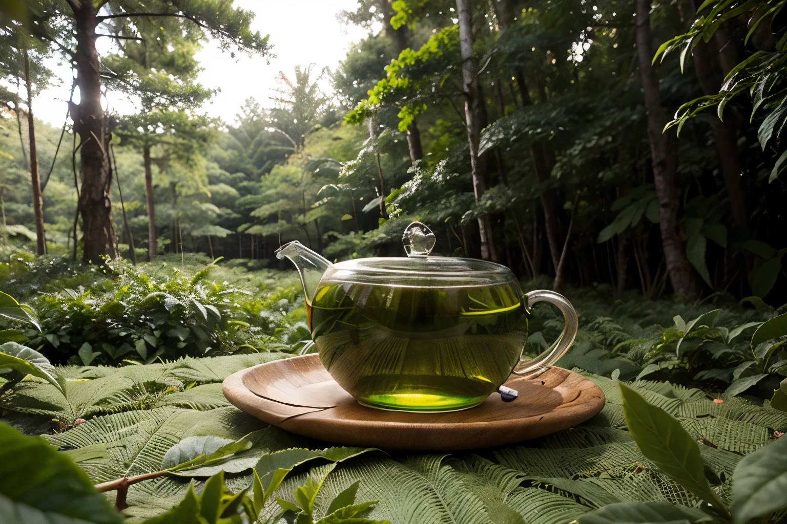 I want you to create an image that depicts a (((green tea forest))), where the {trees are made of green tea leaves} and the treetops are represented by healthy hearts. The [green tea leaves] may be turning into small cholesterol molecules, which are then neutralized and left over by healthy hearts, I want you to use vibrant colors and natural elements to convey the feeling of healing and vitality that green tea can provide to the our body.