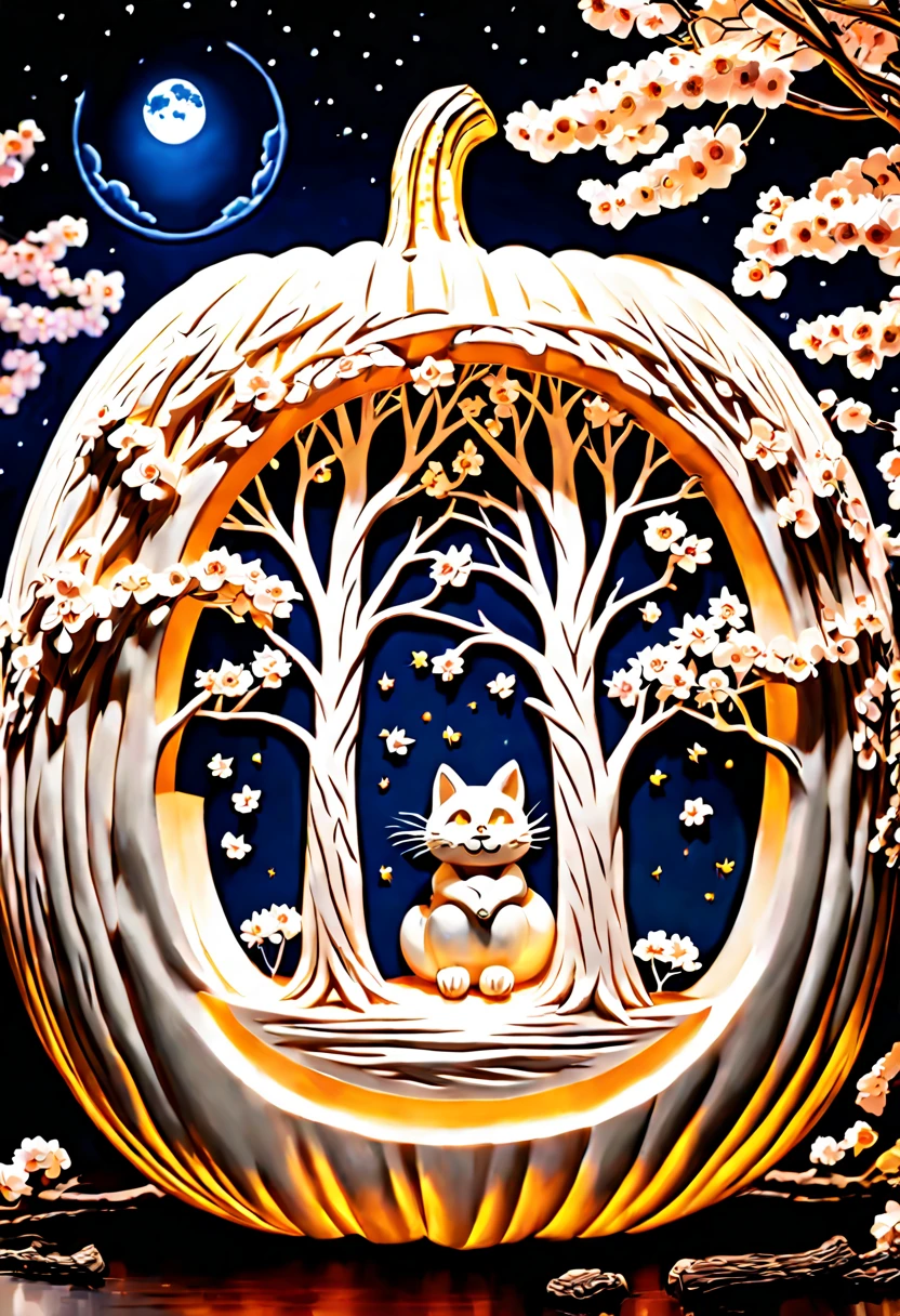 Intricately carved white pumpkin of cherry blossom trees, Jack-o'-Lantern in the moonlight, large moon in the starry night sky. Photography taken by canon eos r5, intricate, highly detailed, fantasy, perfect white balance, action shot, glow, sunlight, uhd edge lighting, prime photography, crisp and smooth line quality, intricate and cinematic details, vibrant nature, warm colors, Artstation, Pinterest