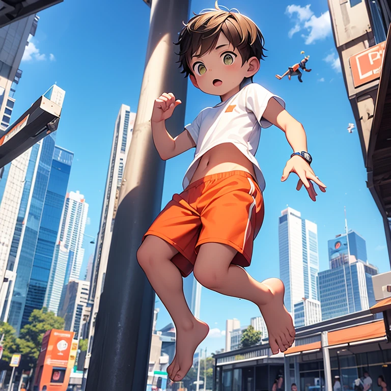 4k), small male child wearing orange shorts and a falling sweatshirt, is jumping from one building to another, sin camiseta y sin zapatos, Impresionismo, 2d, (Espinas: 1.1), (dead tree: 1.1) 