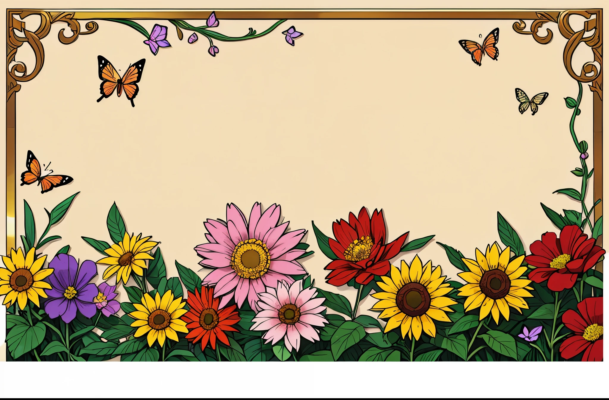 flowers border background,The middle one,蓝色of butterflies,红色of butterflies,of butterflies,Lovely,ultra high definition,Super detailed,best quality,masterpiece