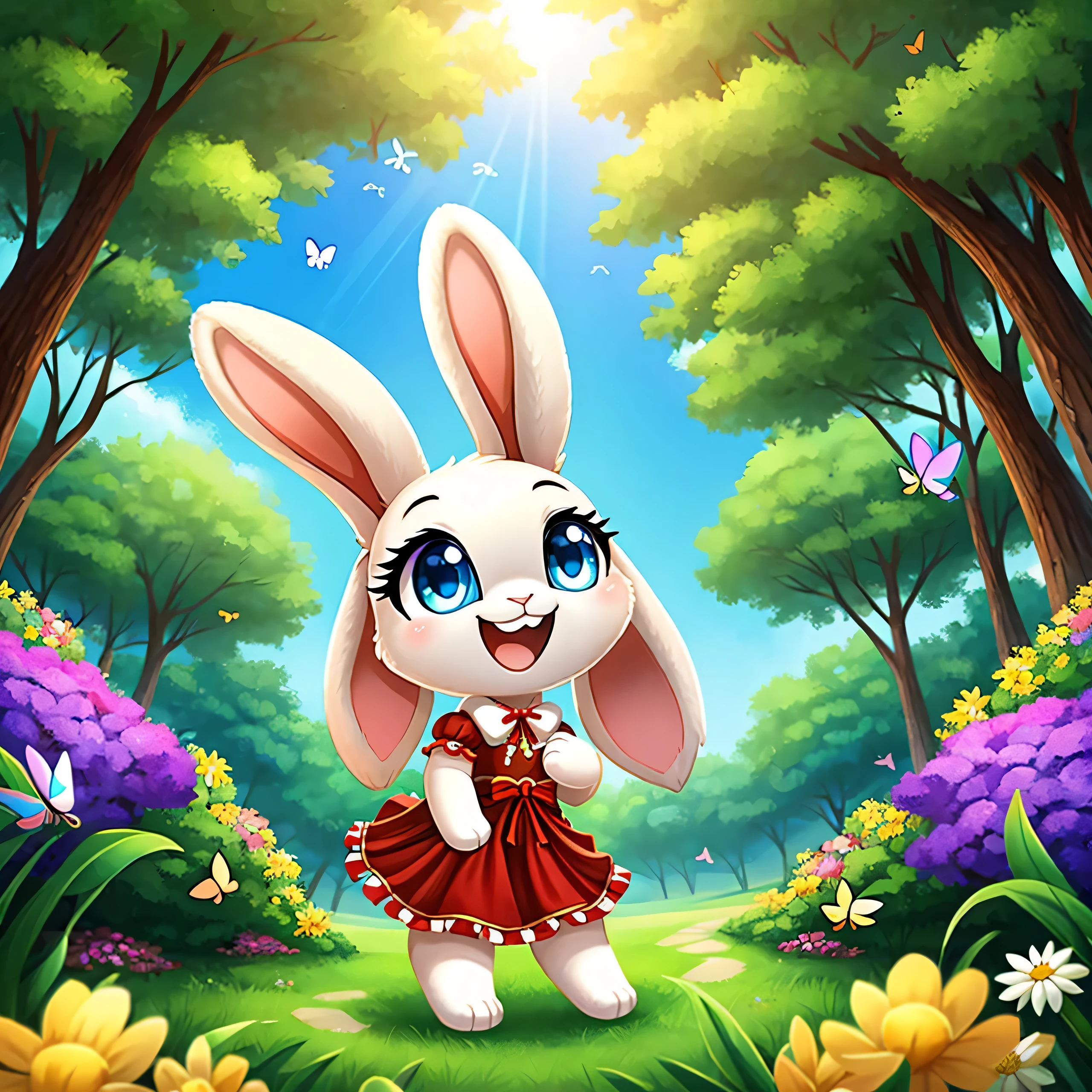 zoomed out image, cute style art, fantasy style art, cute, adorable, short character, small, tiny little fluffy female white bunny with blue eyes, 4 ears, 2 extra ears, big floppy ears, long ears, ears perked up, raised ears, long eyelashes, poofy rabbit tail, wearing a red frilly ribbon dress, smiling, standing in a colorful fantasy forest, soft tones, big expressive smile, open mouth, wide eyes, excited eyes, excited face, stunning visuals, sunlight coming through the trees, flowers scattered in the bushes, butterflies in the air, digital illustration