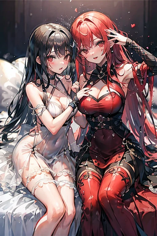 A red haired woman with red eyes is cupping the face of a black haired woman with brown eyes in nice dresses