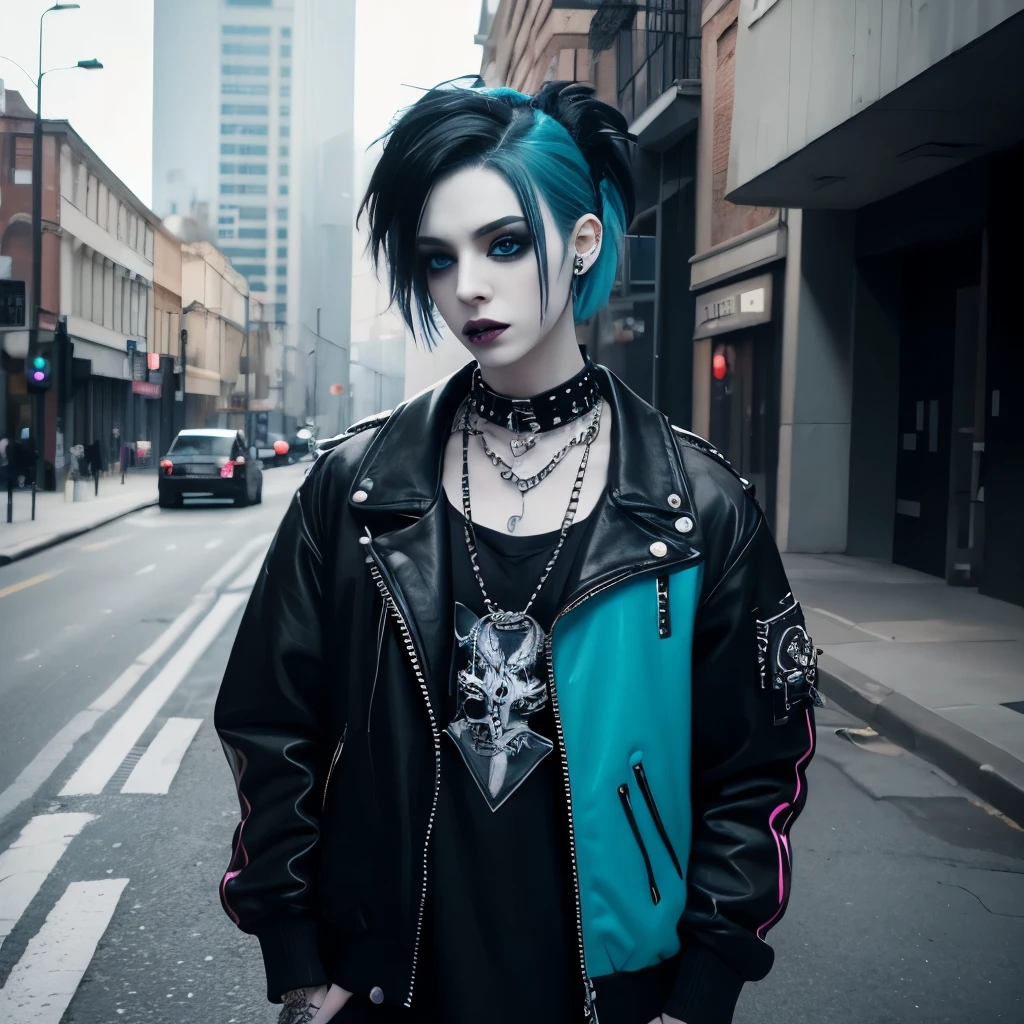 goth, excited, pale skin, smoky eyes, vivid colors, punk clothing, punk rock hairstyle, black lips, cyan hair, abandoned street, body view