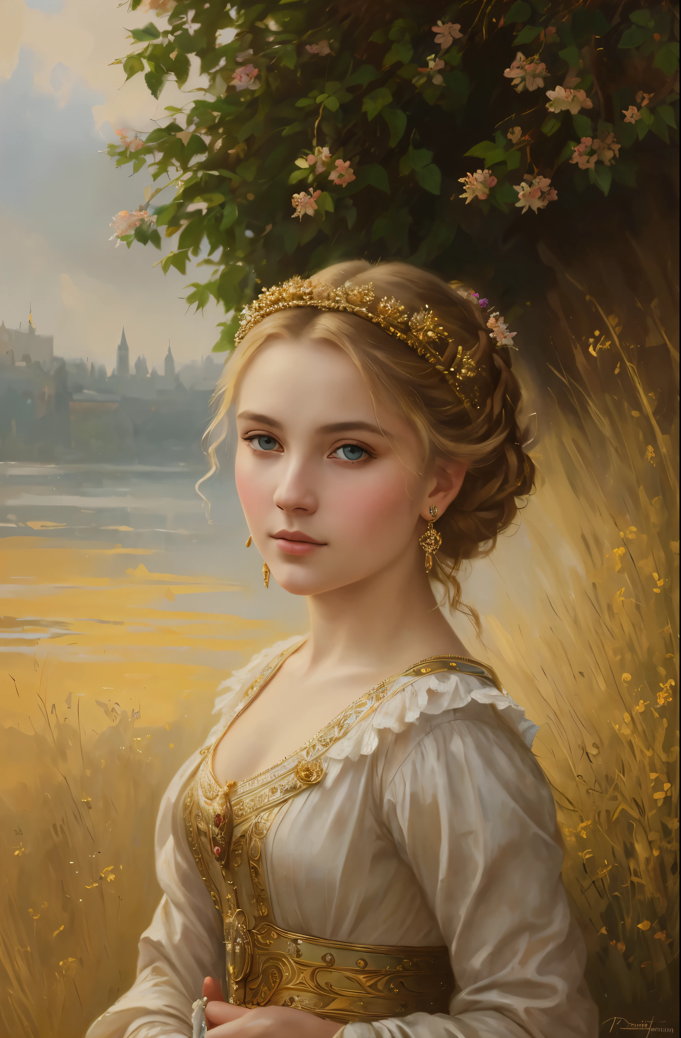 portrait, girl, middle ages, classicism, andrey atroshenko style, painting, pierced eyes, beautifully styled hair, traditional media, realistic, figurative, fine art, oil on canvas, HDR, 8K, original character, high resolution, high detail, focus on the face, beautiful eyes