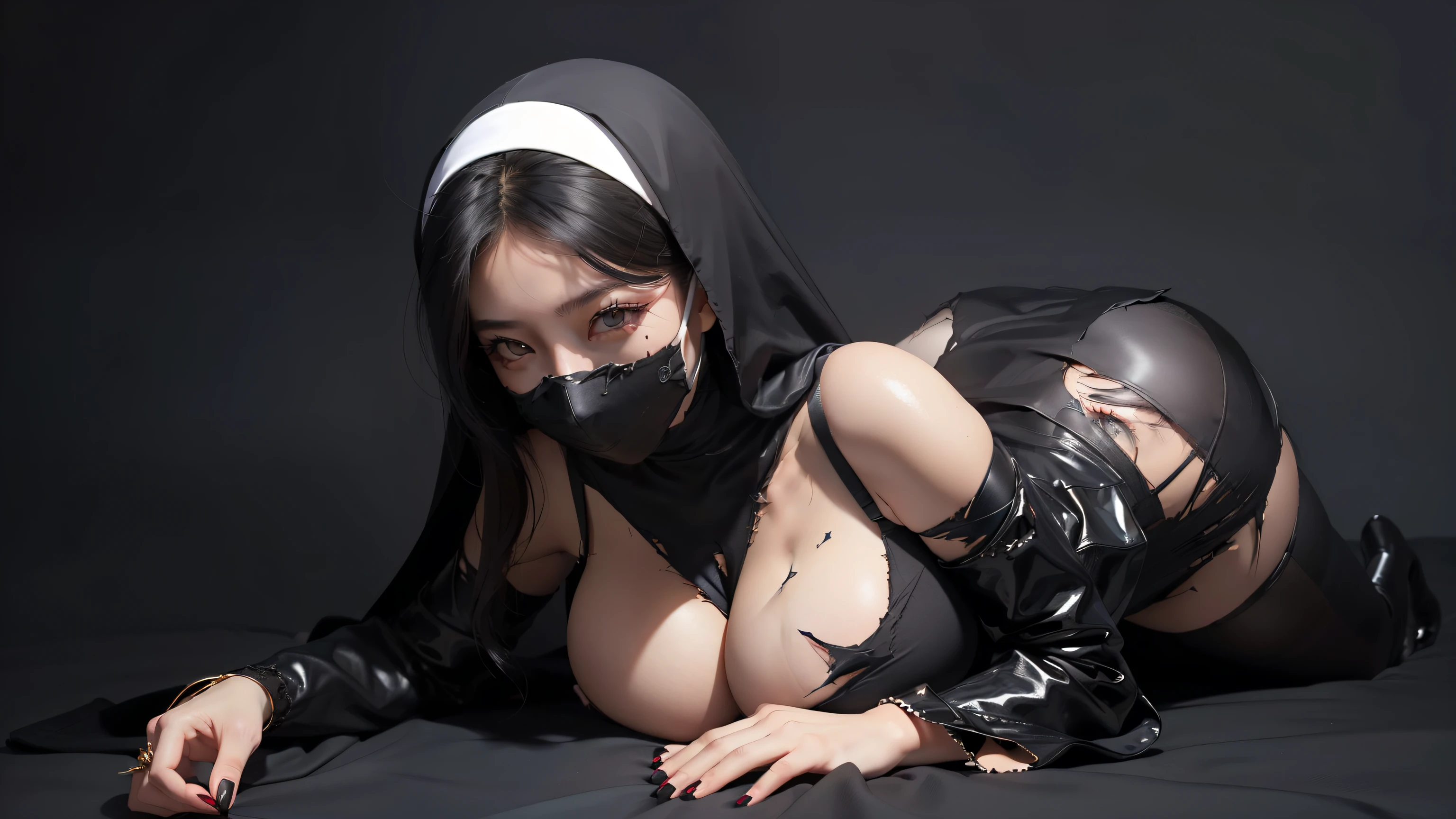 ((best quality)), ((masterpiece)), (detailed), perfect face, beautyful face, ((a Big tits asian girl)), ((open venom longerie push up)), matrix movie outfit, stocking, black hair, dark bedroom background, visible boobs, bitch style, sexy, erotic, ((big boobs)), (((big tits))), (((prostitue style))), ((black nun latex costume)), (((full body))), ((((her clothes are very torn in several places)))), (long hair), (((she wearing a black mask))), (((detailed eyes))), good anatomy