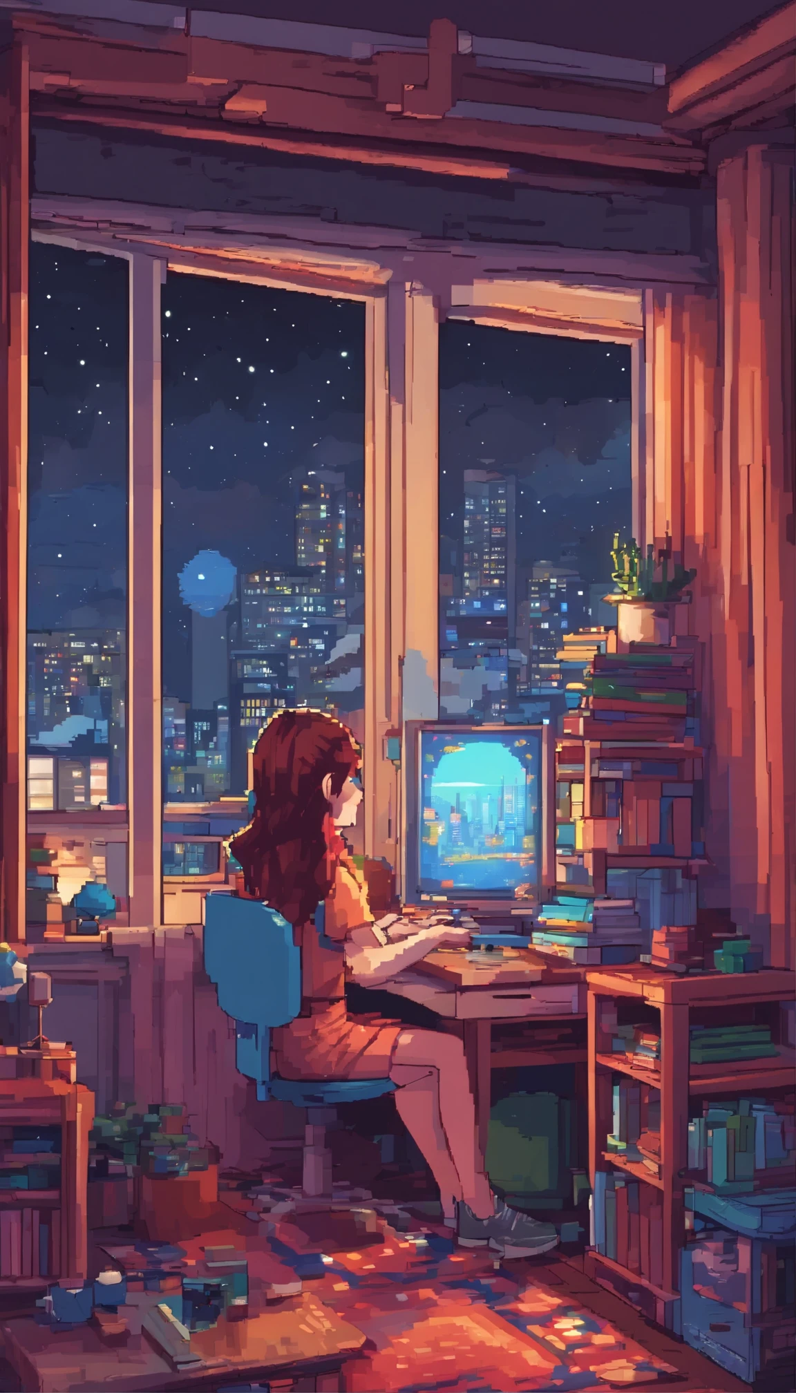 beautiful teenager in her room in the city waring earpads studding a book computer infront stars in window at night time hyper realistic,8k,ultra detailed hd,pixar style,high definition,16:9