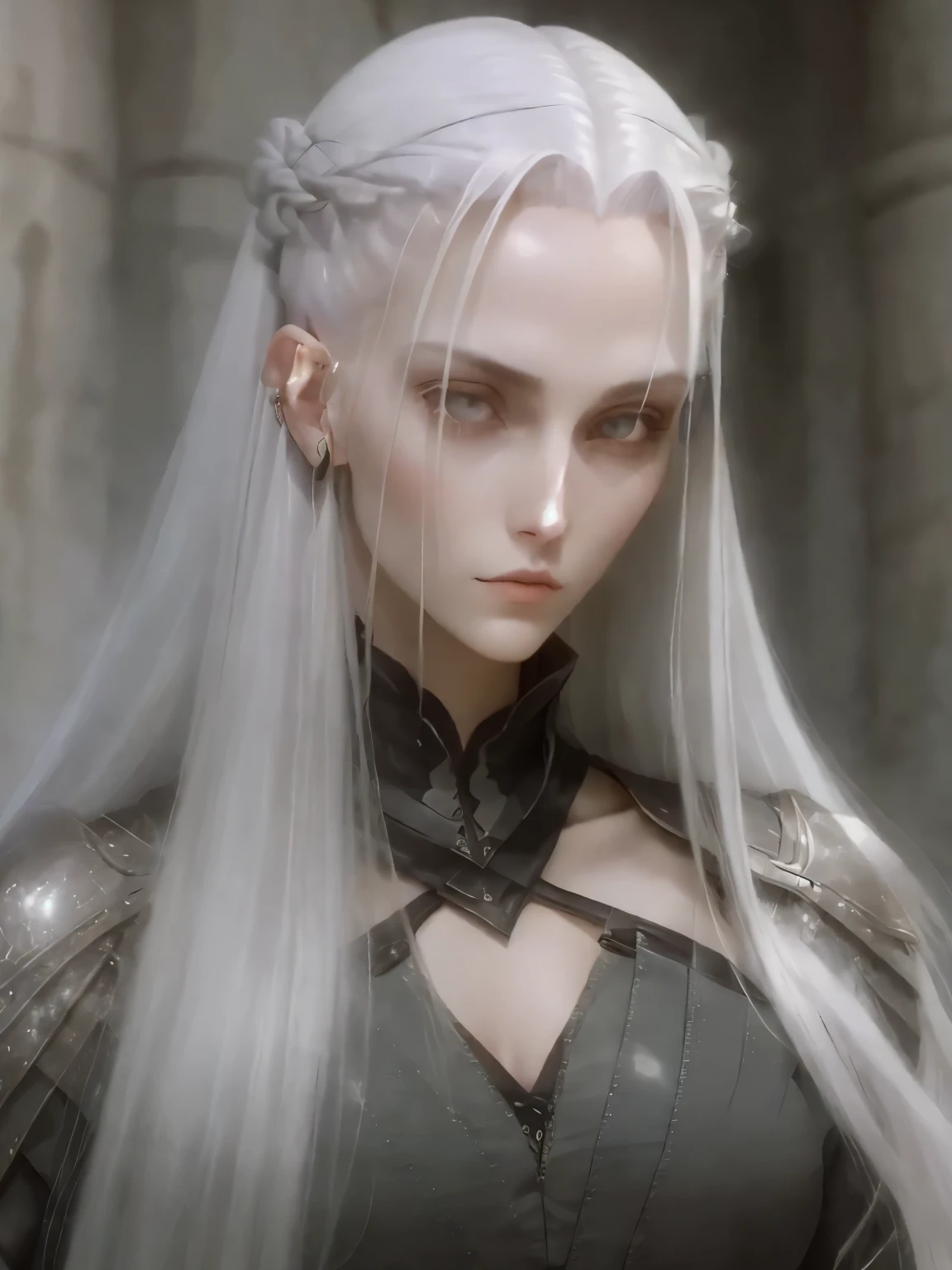 Manon is a young, extremely beautiful girl with fair skin. Long, moon white hair, ponytail and asymmetrical bangs, laid on one side, and eyes the color of pure silver. After meeting her people say, that she is the most beautiful woman, what have they ever seen