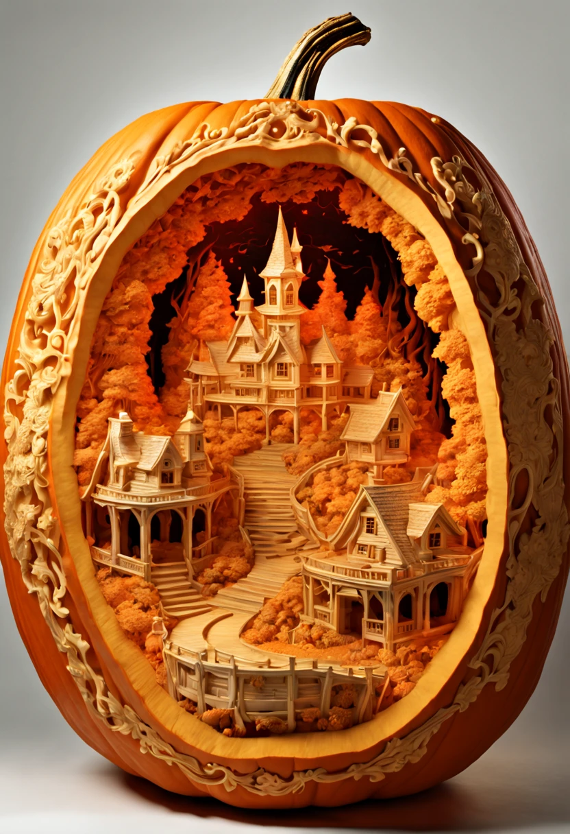 3D model carved Hellscape inside a Pumpkin, halloween background, carved by mark ploog, carved by Gustav, dore intricate elaborate, detailed fantasy, colorful lighting inside carved pumpkin, fall background, award-winning carved pumpkin, national geographic photograph