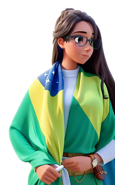 Woman with Brazilian flag over her shoulders in a library with symbol of justice next to her