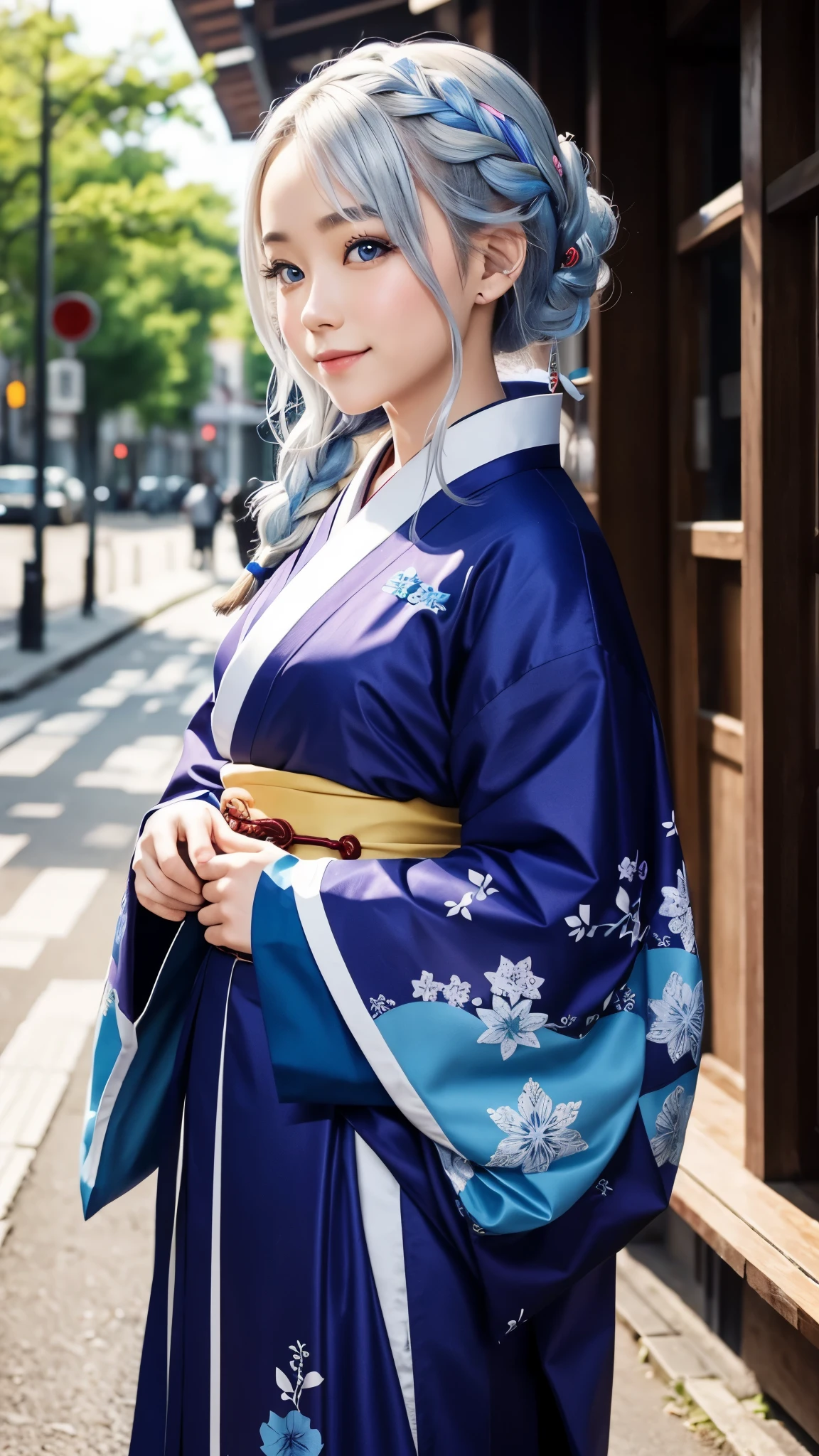 My cute girlfriend is a kimono model.、blue eyes、Beautiful smile、he is short、Silver-haired braid、hair ornaments、Colorful and flashy kimono、