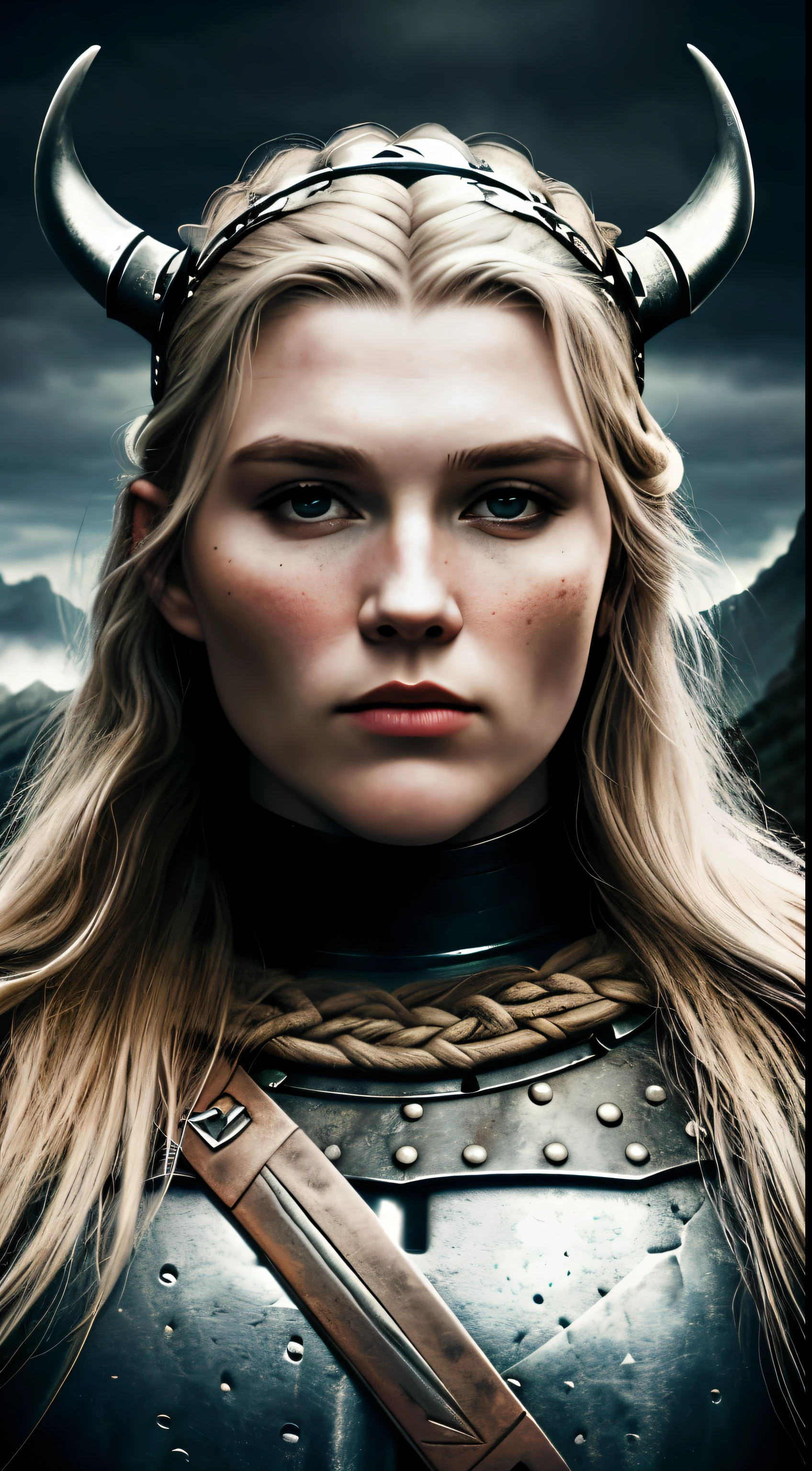 photograph of a viking warrior queen with dirt in his face, broad shoulders, armor, heroic, full figured woman, pronounced cheekbones, cloudy, masterpiece, best quality, high quality, 4K, trending, hard ring light, 50mm