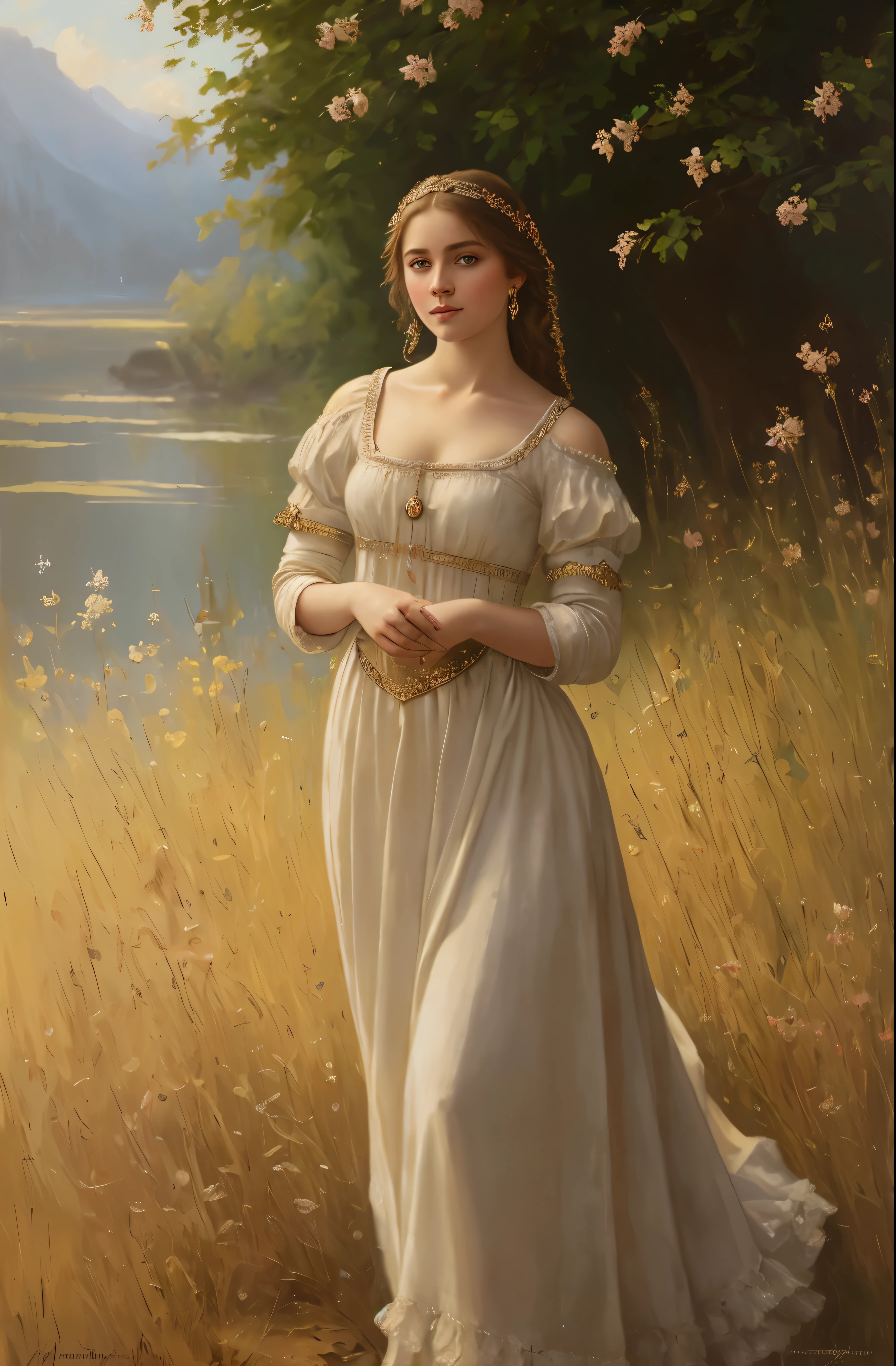 portrait, girl, middle ages, classicism, andrey atroshenko style, painting, pierced eyes, beautifully styled hair, traditional media, realistic, figurative, fine art, oil on canvas, HDR, 8K, original character, high resolution, high detail, focus on the face, beautiful eyes
