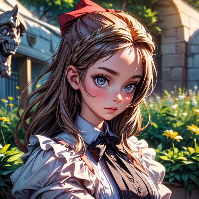 1girl, masterpiece, best quality, 8k, detailed skin texture, detailed cloth texture, beautiful detailed face, intricate details, ultra detailed, Alice in Wonderland, (a bow on her head:1.1), upper body, cartoon