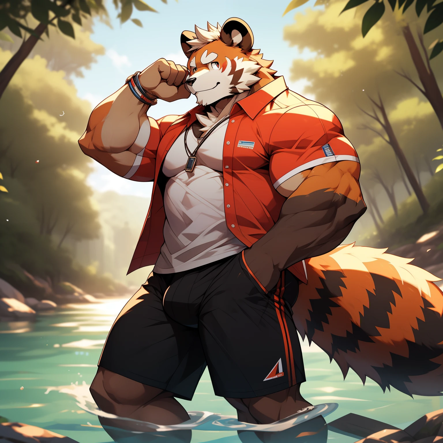 Topic prompts "less panda, male, muscular, A big heart, , open at top, rolled up sleeves, Huge bulge in buttocks, tight shorts, Roll up your pants and float in the river, big tail, pose towards the audience勢, HD, high detail, high resolution, masterpiece" can:

"Anthropomorphic red panda, male, muscular,A big heart,,open at top,rolled up sleeves,Huge bulge in buttocks,tight shorts,Roll up your pants and float in the river,,pose towards the audience, (best quality,4K,8k,high resolution,masterpiece:1.2), Super detailed,(actual,photoactual,photo-actual:1.37), human development report,超HD, studio lighting,extremely detailed description, professional, bright colors, Bokeh, portrait"