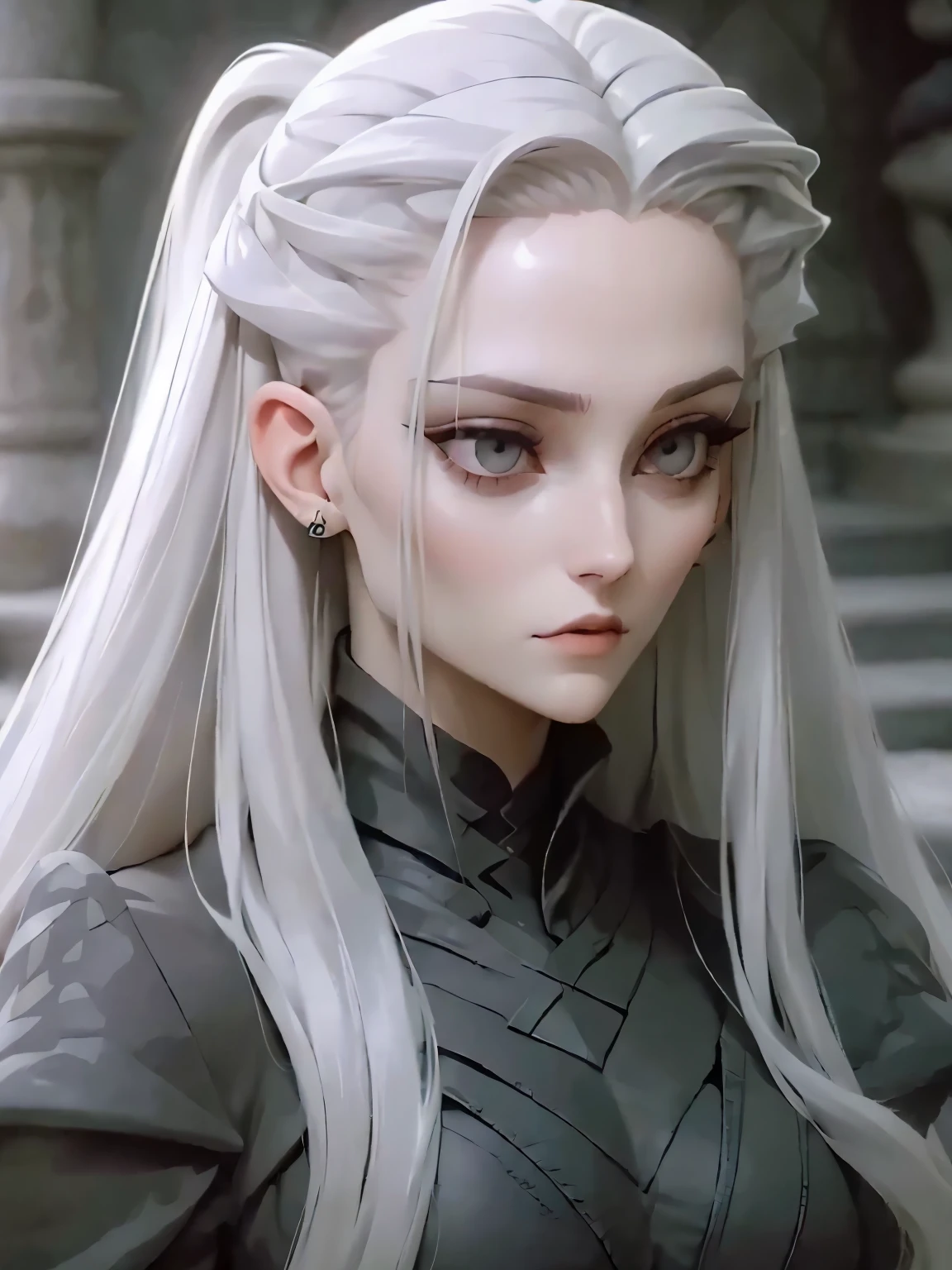 Manon is a young, extremely beautiful girl with fair skin. Long, moon white hair, ponytail and asymmetrical bangs, laid on one side, and eyes the color of pure silver. After meeting her people say, that she is the most beautiful woman, what have they ever seen