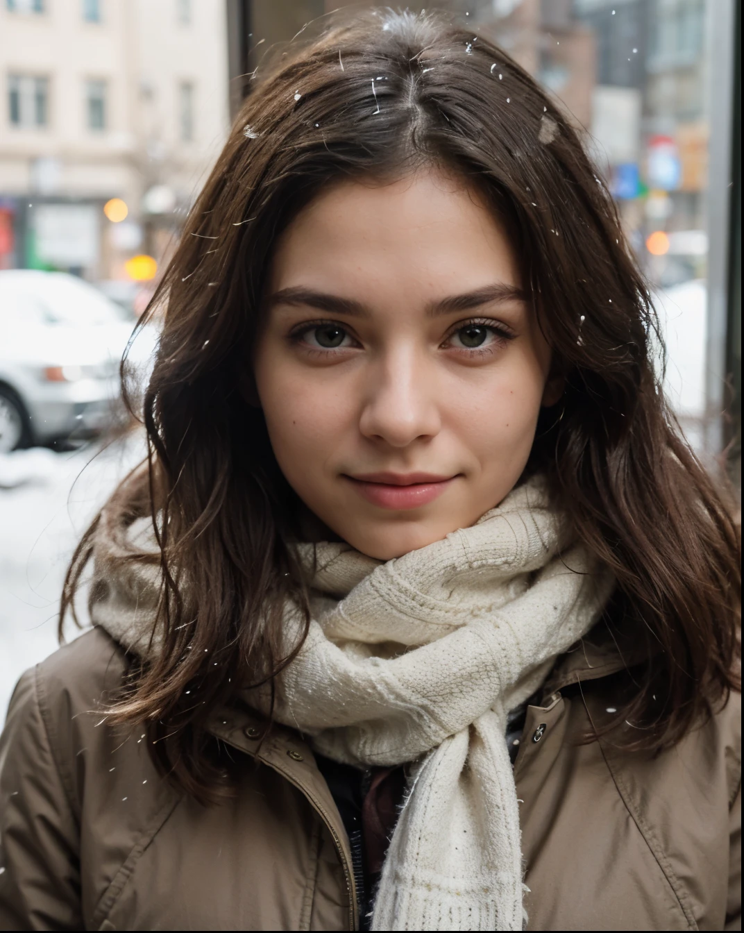 Cute beautiful sexy European light-green-eyed brunette, 22 years old,
girl is wearing warm winter coat, scarf, snowing outside, winter,
innocent face, face-length 1.3 times the face-width, almond-shaped eyes, squared face-shape, high cheekbones, naturally wavy hair, light-green eyes, high-res, masterpiece, best quality, intricate details, very detailed, sharp focus, detailed skin, realistic skin texture, texture, detailed eyes, professional, 4k, charming smile, shot with Canon, depth of field, Kodak Vision color, perfectly fitting body, extremely detailed, photo_\( ultra\), photorealistic, realistic, post processing, maximum details, roughness, real life, ultrarealistic, photorealism, photography, 8k UHD, photography
