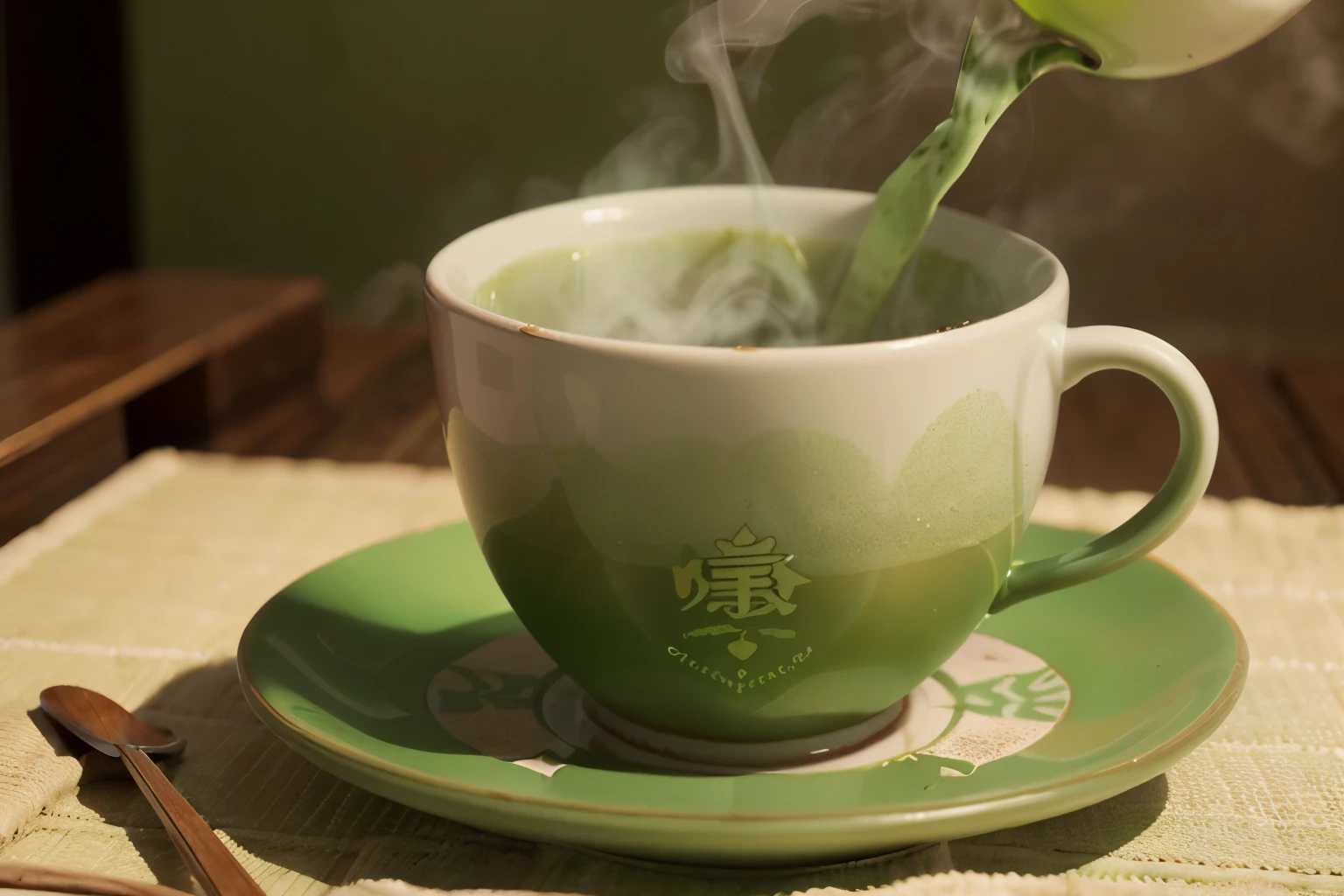 Quero uma imagem que (((Illustrate a featured cup of green tea))), com uma nuvem de vapor subindo dela. Inside the cup, {place symbolic elements that represent cholesterol}, like small greasy particles. Green tea steam, [draw small green tea leaves] em forma de escudo, blocking and eliminating cholesterol particles.