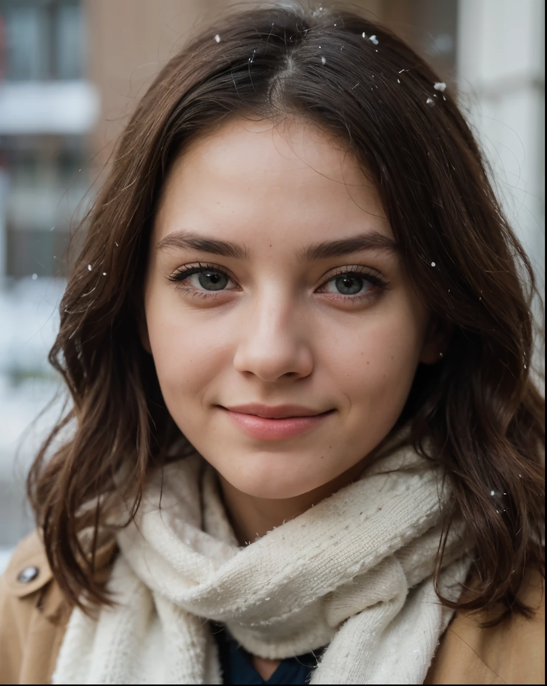 Cute beautiful sexy European light-green-eyed brunette, 22 years old, 

girl is wearing warm winter coat, scarf, snowing outside, winter, 

innocent face, face-length 1.3 times the face-width, almond-shaped eyes, squared face-shape, high cheekbones, naturally wavy hair, light-green eyes, high-res, masterpiece, best quality, intricate details, very detailed, sharp focus, detailed skin, realistic skin texture, texture, detailed eyes, professional, 4k, charming smile, shot with Canon, depth of field, Kodak Vision color, perfectly fitting body, extremely detailed, photo_\( ultra\), photorealistic, realistic, post processing, maximum details, roughness, real life, ultrarealistic, photorealism, photography, 8k UHD, photography
