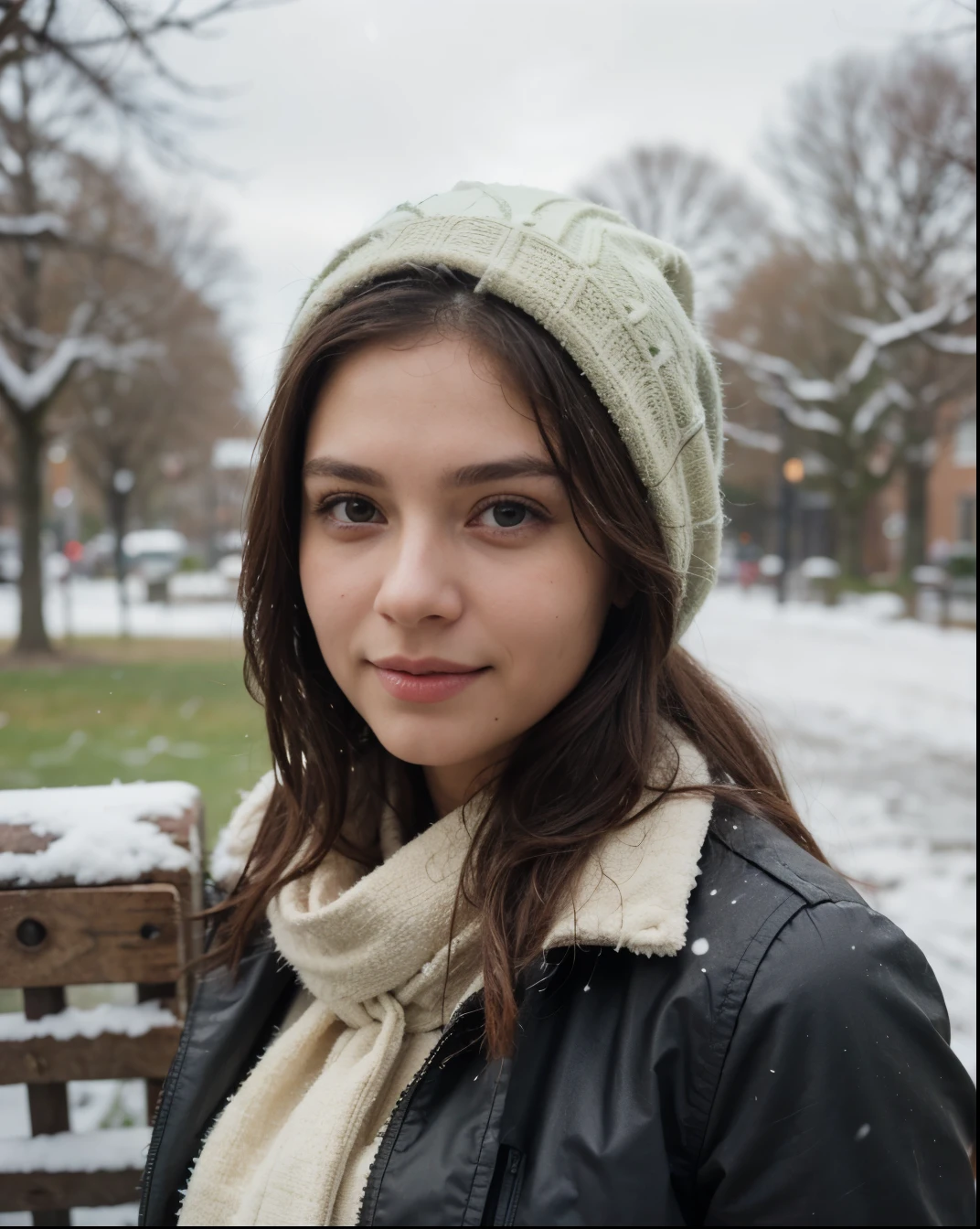 Cute beautiful sexy European light-green-eyed brunette, 22 years old, 

girl is wearing warm winter coat, scarf, bonnet, snowing outside, winter, park,

innocent face, face-length 1.3 times the face-width, almond-shaped eyes, squared face-shape, high cheekbones, naturally wavy hair, light-green eyes, high-res, masterpiece, best quality, intricate details, very detailed, sharp focus, detailed skin, realistic skin texture, texture, detailed eyes, professional, 4k, charming smile, shot with Canon, depth of field, Kodak Vision color, perfectly fitting body, extremely detailed, photo_\( ultra\), photorealistic, realistic, post processing, maximum details, roughness, real life, ultrarealistic, photorealism, photography, 8k UHD, photography
