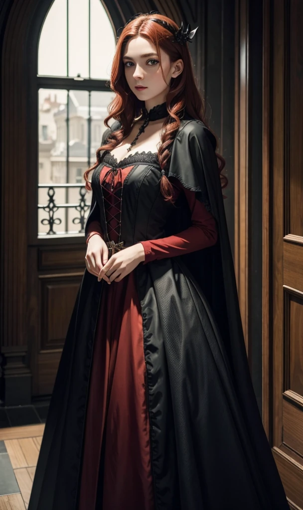 masterpiece, detailed art, a beautiful female vampire with long red wavy hair, green eyes, freckle, white face, , Childlike waist, Dress in elegant gothic clothing fit for an ancient vampire,  female vampire, Dutch Cape