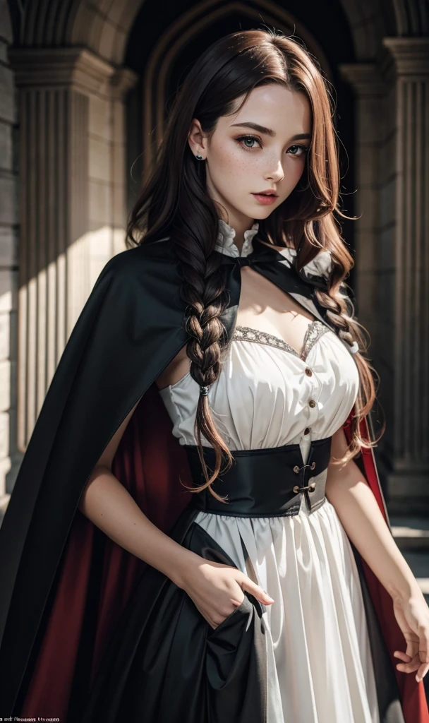 masterpiece, detailed art, a beautiful female vampire with long red wavy hair, green eyes, freckle, white face, , Childlike waist, Dress in elegant gothic clothing fit for an ancient vampire,  female vampire, Dutch Cape