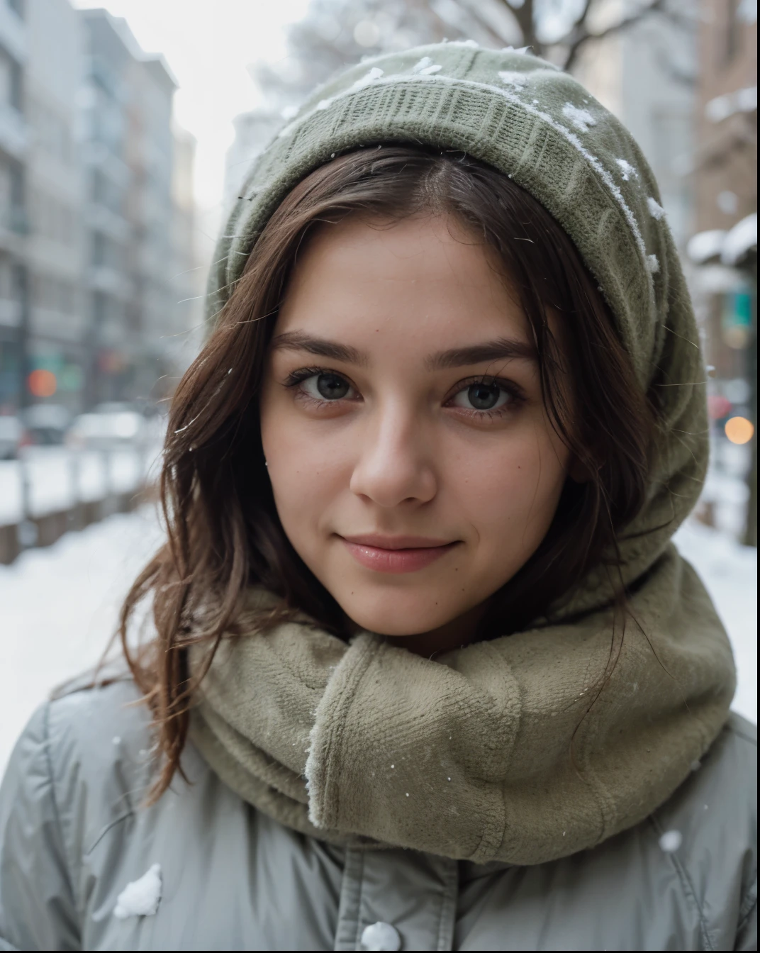 Cute beautiful sexy European light-green-eyed brunette, 22 years old,
girl is wearing warm winter coat, scarf, bonnet, snowing outside, winter, park, full body view,
innocent face, face-length 1.3 times the face-width, almond-shaped eyes, squared face-shape, high cheekbones, naturally wavy hair, light-green eyes, high-res, masterpiece, best quality, intricate details, very detailed, sharp focus, detailed skin, realistic skin texture, texture, detailed eyes, professional, 4k, charming smile, shot with Canon, depth of field, Kodak Vision color, perfectly fitting body, extremely detailed, photo_\( ultra\), photorealistic, realistic, post processing, maximum details, roughness, real life, ultrarealistic, photorealism, photography, 8k UHD, photography