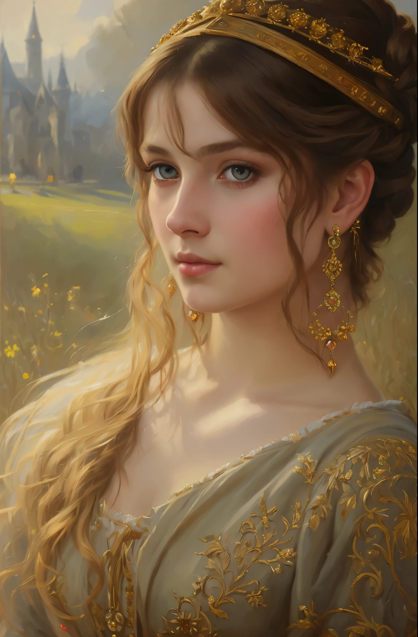 portrait, girl, middle ages, classicism, andrey atroshenko style, painting, pierced eyes, beautifully styled hair, traditional media, realistic, figurative, fine art, oil on canvas, HDR, 8K, original character, high resolution, high detail, focus on the face, beautiful eyes