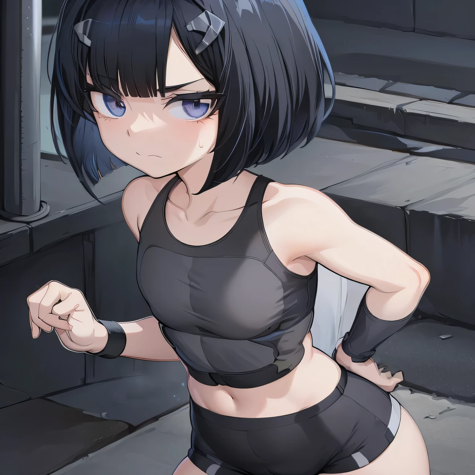 Image of woman wearing black top and shorts, Running anime girl, The strongest pose, Anime cute art style, Poor posture, heroine 👀 :8, anime style, strong posture, female anime characters, anime girl as anime corner, Badass anime 8k, strong gesture, Anime visual of a cute girl