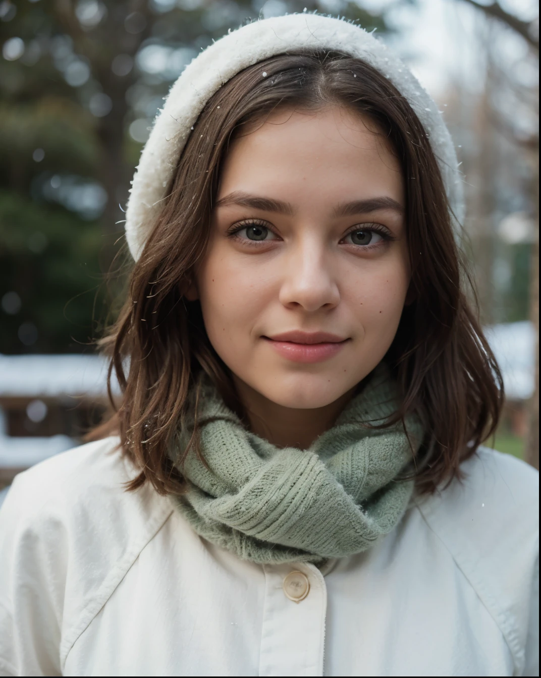 Cute beautiful sexy European light-green-eyed brunette, 22 years old, 

girl is wearing warm winter coat, scarf, bonnet, snowing outside, winter, park, full body view, very cold outside, 

innocent face, face-length 1.3 times the face-width, almond-shaped eyes, squared face-shape, high cheekbones, naturally wavy hair, light-green eyes, high-res, masterpiece, best quality, intricate details, very detailed, sharp focus, detailed skin, realistic skin texture, texture, detailed eyes, professional, 4k, charming smile, shot with Canon, depth of field, Kodak Vision color, perfectly fitting body, extremely detailed, photo_\( ultra\), photorealistic, realistic, post processing, maximum details, roughness, real life, ultrarealistic, photorealism, photography, 8k UHD, photography
