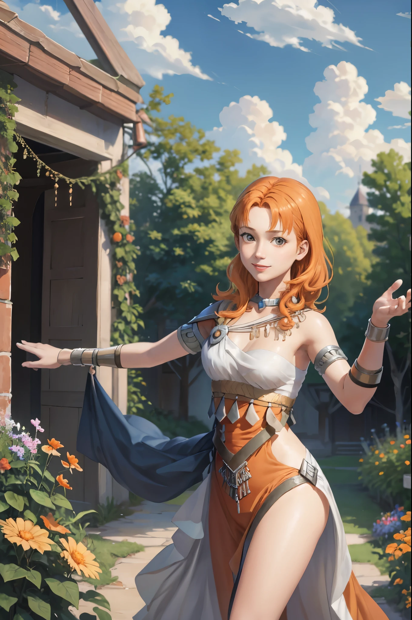 masterpiece, best quality, Annette Fantine Dominic, annette_war, orange hair, small breasts, orange danceroutfit, looking at viewer, smile, sky, clouds, garden, cowboy shot, long hair,