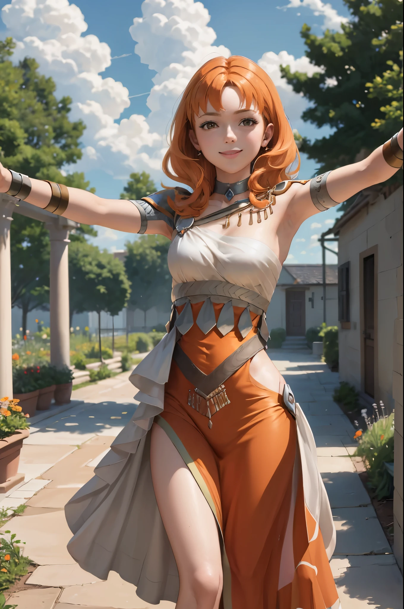 masterpiece, best quality, Annette Fantine Dominic, annette_war, orange hair, small breasts, orange danceroutfit, looking at viewer, smile, sky, clouds, garden, cowboy shot, long hair,