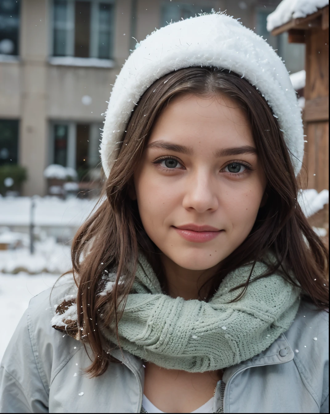 Cute beautiful sexy European light-green-eyed brunette, 22 years old,
girl is wearing warm winter coat, scarf, bonnet, snowing outside, winter, fozen lake, full body view, very cold outside,
innocent face, face-length 1.3 times the face-width, almond-shaped eyes, squared face-shape, high cheekbones, naturally wavy hair, light-green eyes, high-res, masterpiece, best quality, intricate details, very detailed, sharp focus, detailed skin, realistic skin texture, texture, detailed eyes, professional, 4k, charming smile, shot with Canon, depth of field, Kodak Vision color, perfectly fitting body, extremely detailed, photo_\( ultra\), photorealistic, realistic, post processing, maximum details, roughness, real life, ultrarealistic, photorealism, photography, 8k UHD, photography