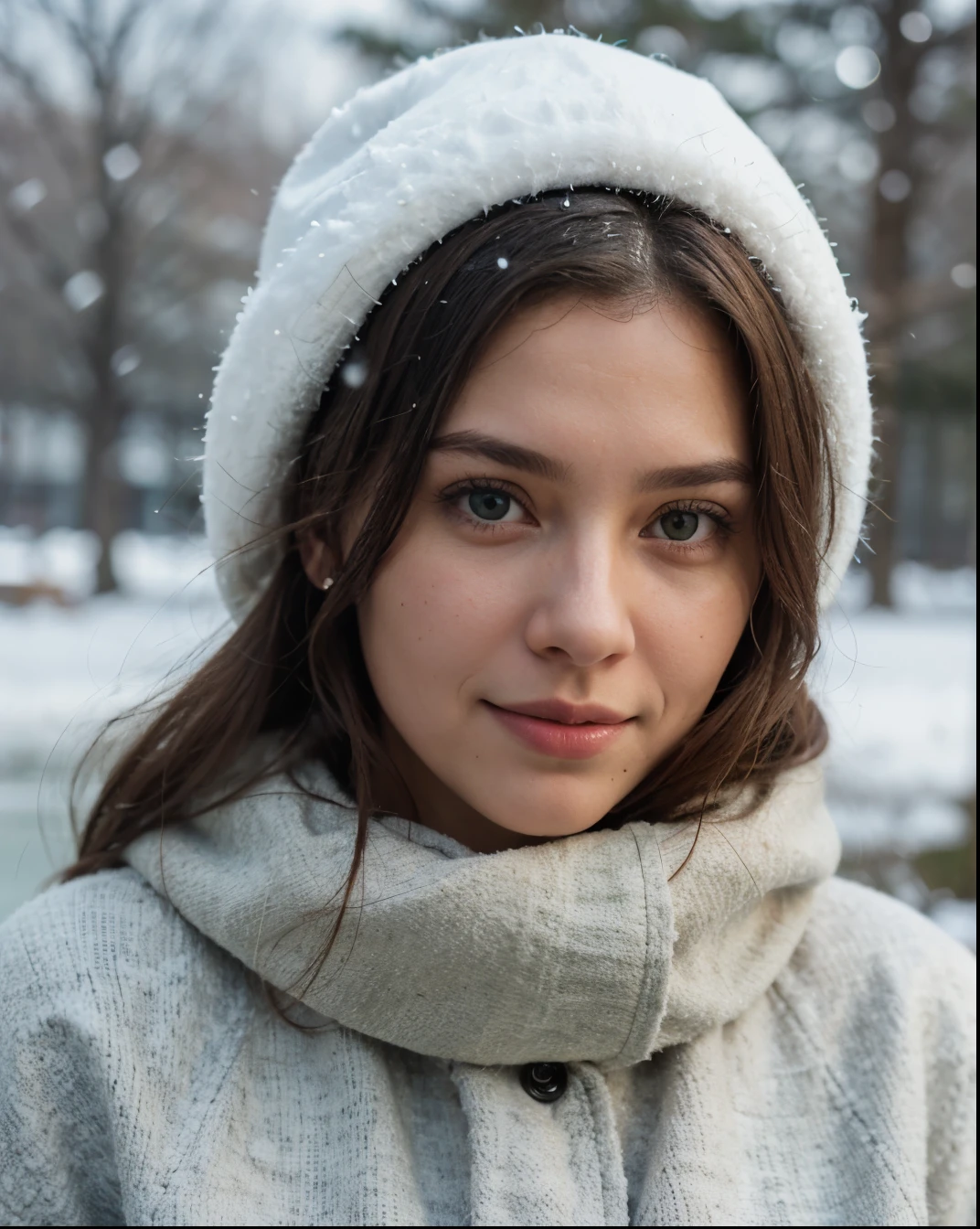 Cute beautiful sexy European light-green-eyed brunette, 22 years old,
girl is wearing warm winter coat, near frozen lake, scarf, bonnet, snowing outside, winter, frozen lake, full body view, very cold outside,
innocent face, face-length 1.3 times the face-width, almond-shaped eyes, squared face-shape, high cheekbones, naturally wavy hair, light-green eyes, high-res, masterpiece, best quality, intricate details, very detailed, sharp focus, detailed skin, realistic skin texture, texture, detailed eyes, professional, 4k, charming smile, shot with Canon, depth of field, Kodak Vision color, perfectly fitting body, extremely detailed, photo_\( ultra\), photorealistic, realistic, post processing, maximum details, roughness, real life, ultrarealistic, photorealism, photography, 8k UHD, photography