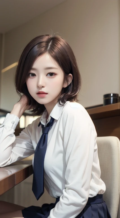 realistic, table top, highest quality, Raw photo, Portrait、1 girl, alone, Handsome Shorthair, brown hair, detailed face, fascinating face, school uniform(cardigan、White button-up shirt、navy pleated skirt、Wine red tie), medium breasts, dynamic pose, looking at the viewer, from below,sitting across from each other at a coffee shop、sitting in front of the camera、 detailed background, Detailed, intricate details, ray tracing, Depth of bounds written, low key, nffsw